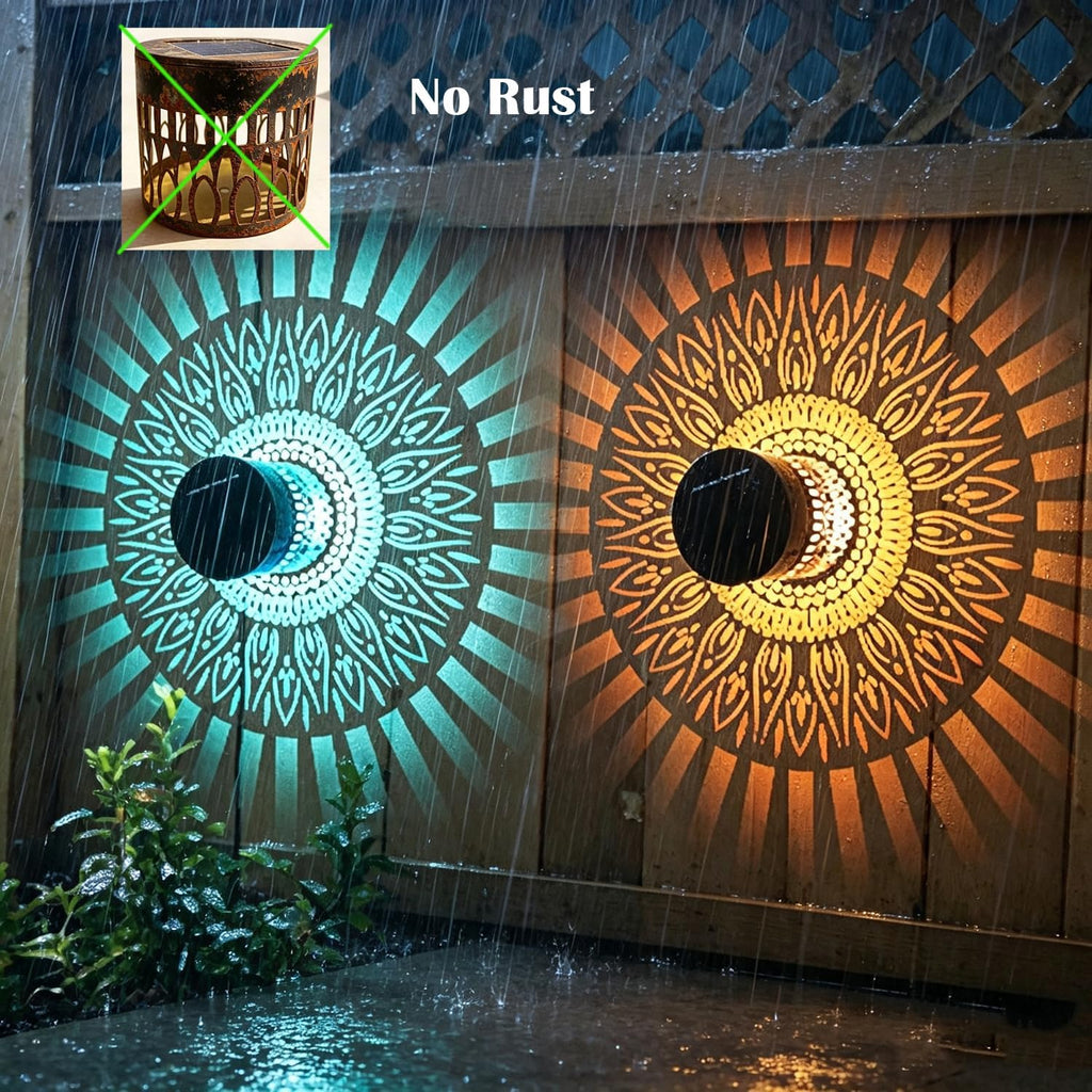 1 Pack Retro Solar Table Lantern Outdoor Waterproof Wall Light, 6 Color Changing Hollow Out Metal Garden Decor Step Lamp, Solar Powered Patio Porch Tabletop Decorations for Yard Pool Stairs