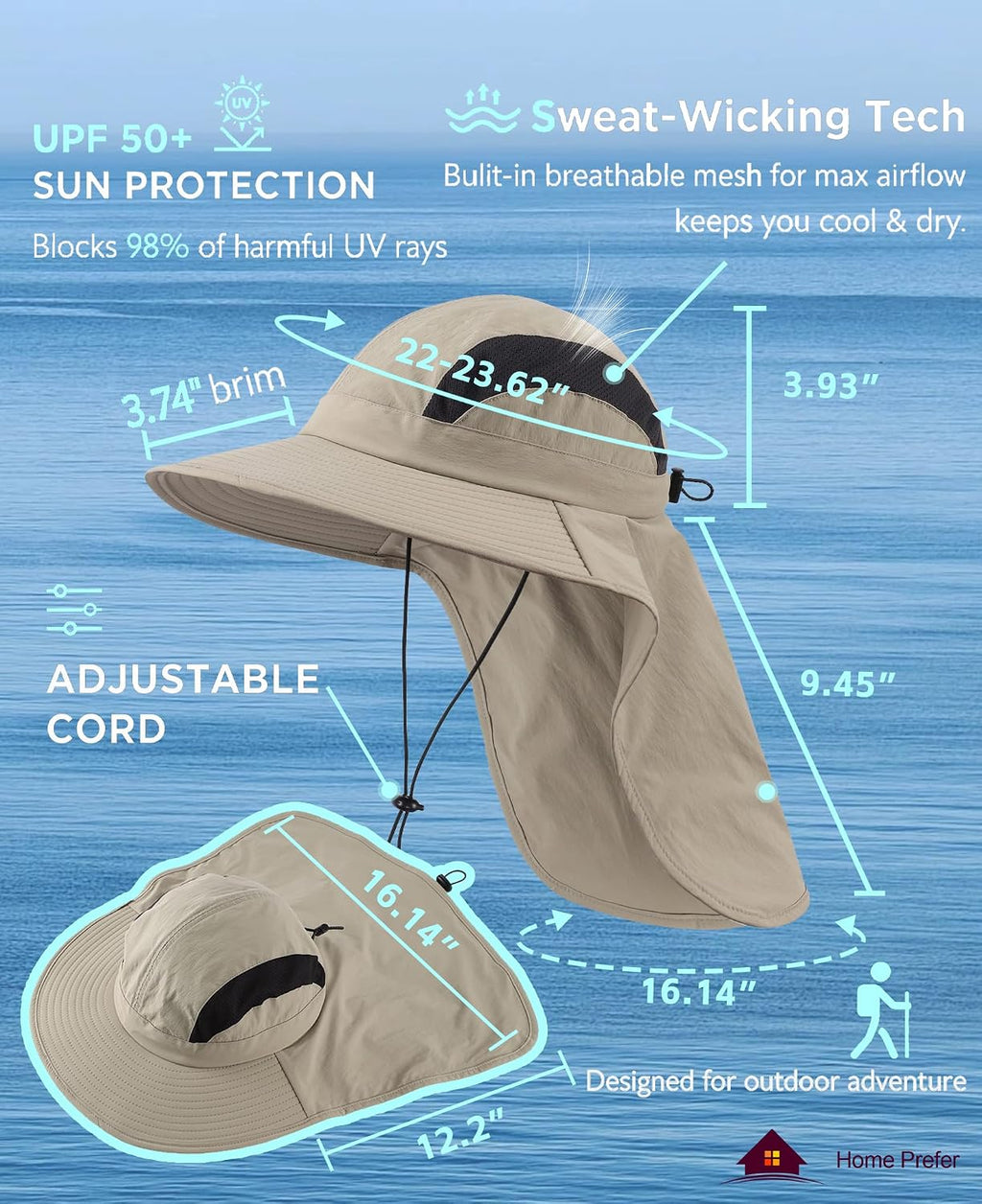Home Prefer UPF 50+ Sun Hats for Men Women Wide Brim Fishing Hat with Neck Flap UV Protection Sunblock Safari Bucket Hat