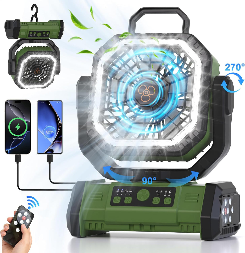 Honesorn 20000mAh Battery Powered Fan with LED Light & Remote, Green