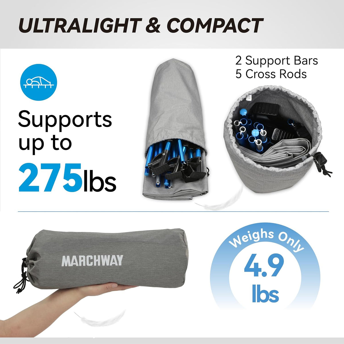 MARCHWAY Ultralight Folding Camping Cot Bed, Portable, Supports 275 lbs