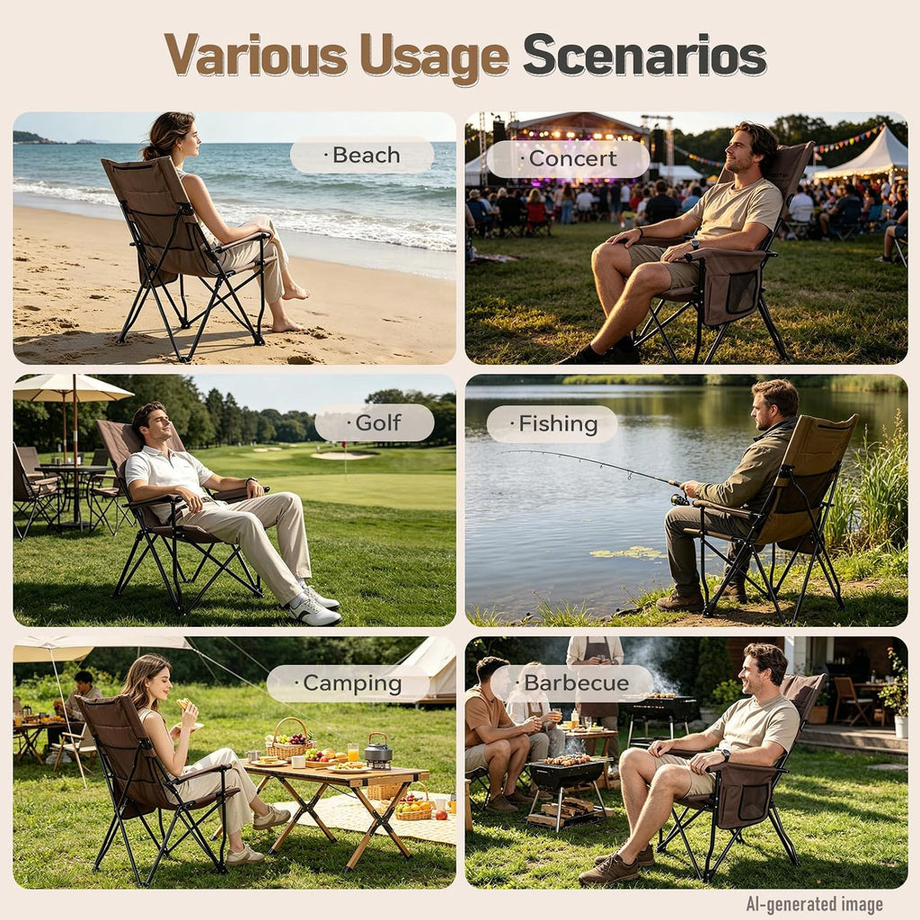 Folding Camping Chair, High Back Padded Portable Camp Chair with Storage Bag, 600D Oxford Fabric Comfortable Chair for Outdoor Camping, Beach, Fishing (Khaki)