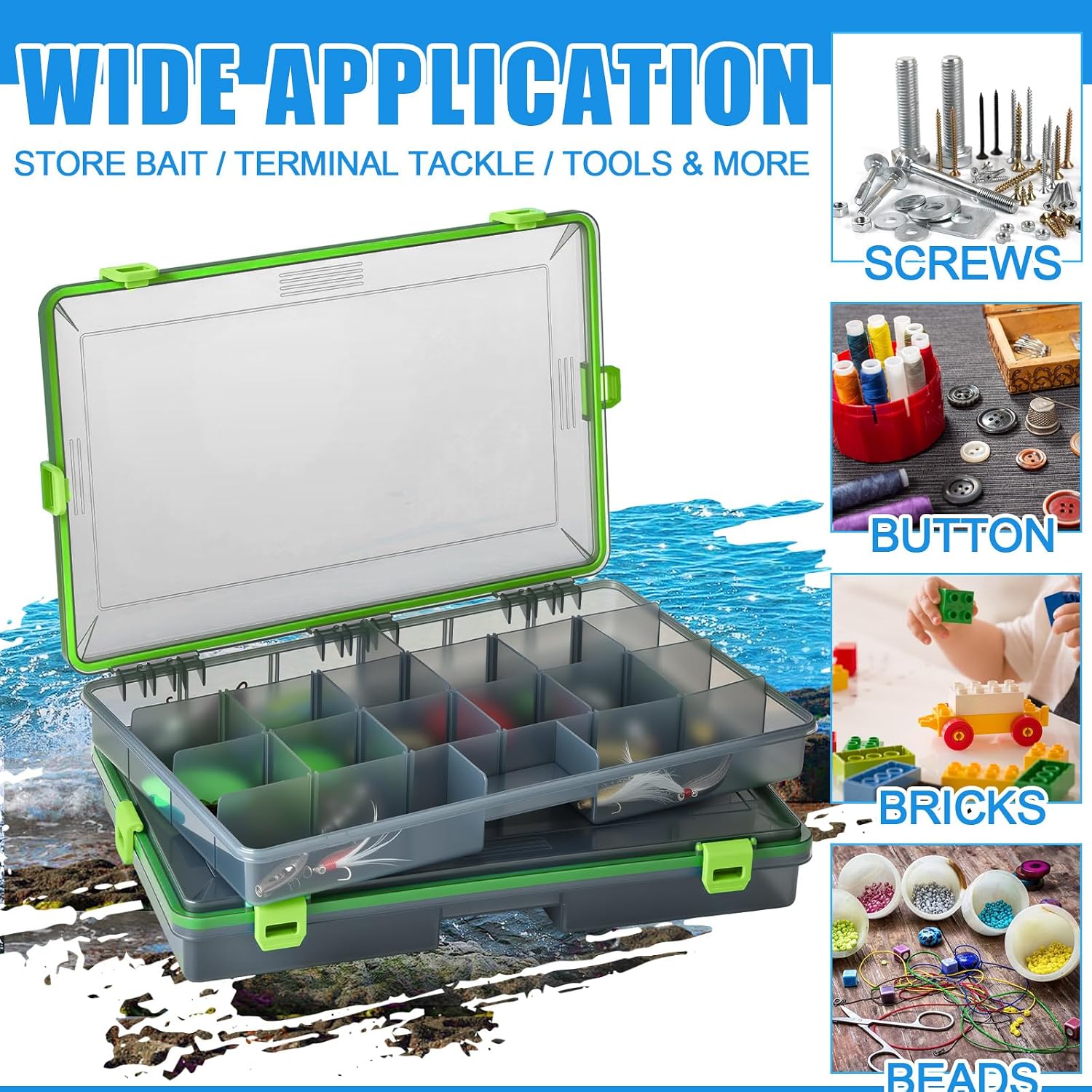 Wonderjune 6 Pack Fishing Tackle Box Waterproof 3700 Tackle Tray, Green