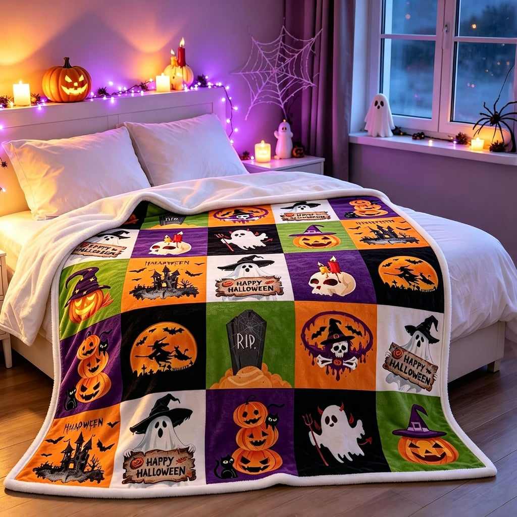 Halloween Throw Blanket 50"x60", Soft Cozy Plaid Blanket with Pumpkin Ghost Witch, Lightweight Flannel Fleece Throw for Couch Bed, Spooky Home Decor, Gift for Halloween Lovers