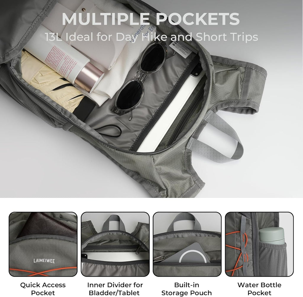 Small Hiking Backpack 13L Lightweight Foldable Travel Daypack for Men Women
