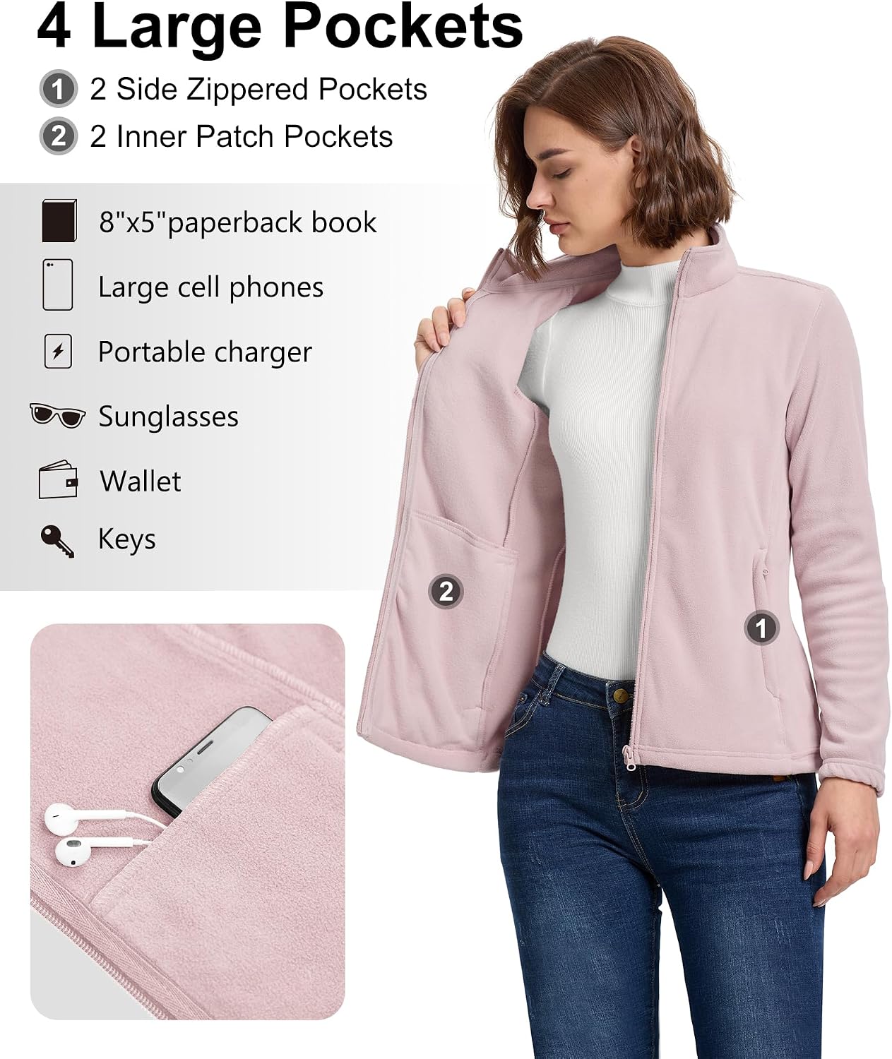 33,000ft Women's Polar Fleece Jacket Zip Up Lightweight Hiking Sweatshirt