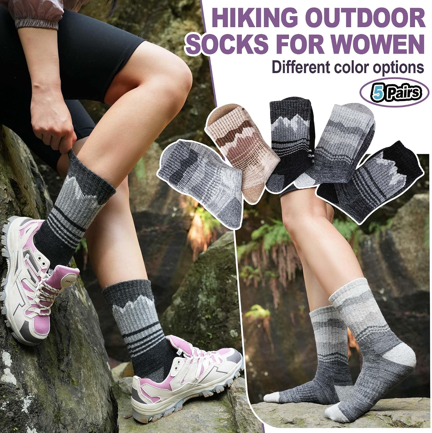 Sandsuced Merino Wool Hiking Warm Socks Thermal Winter Cozy Crew with Cushioned Sole & Moisture Wicking 5 Pairs for Women