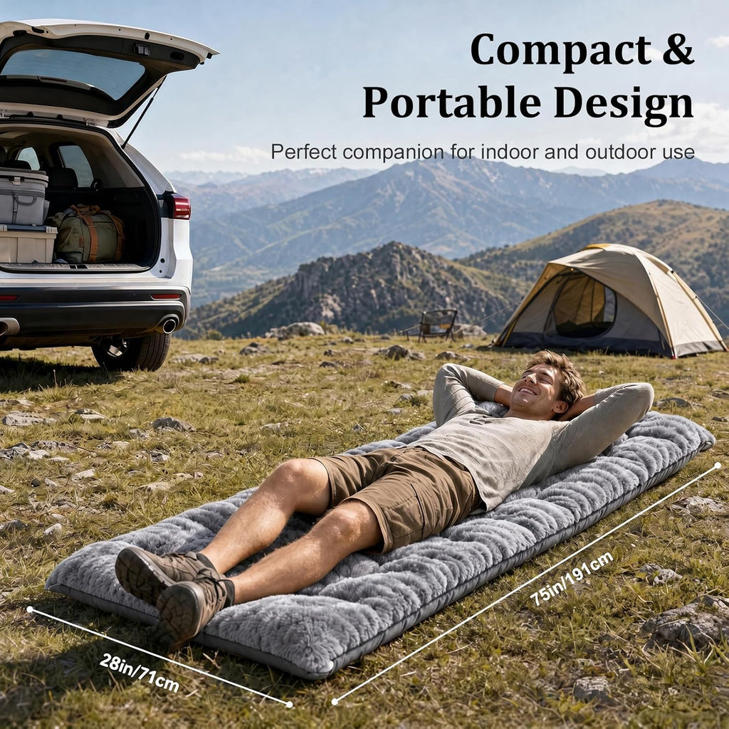 Thick Camping Sleeping Pad - Faux Rabbit Fur Ultra Soft & Non-Slip Sleeping Mat with Portable Roll up Camping Cot Pad for Travel Car Tent Guest Bed
