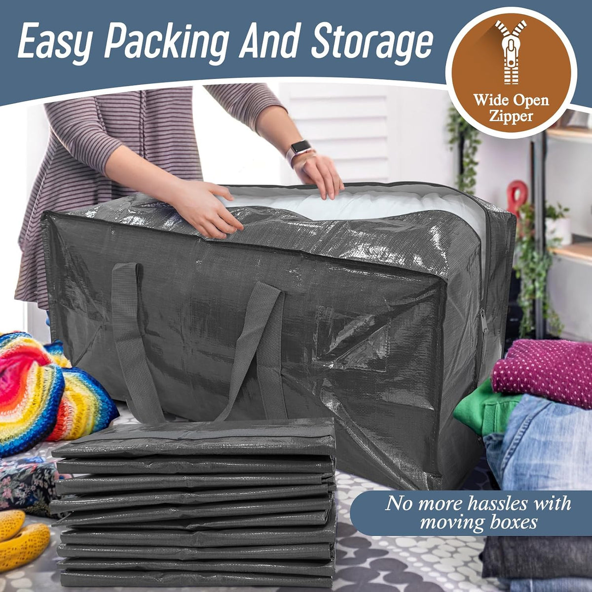 6 Pack Extra Heavy Duty Large Moving Bags with Strong Zipper, Gray