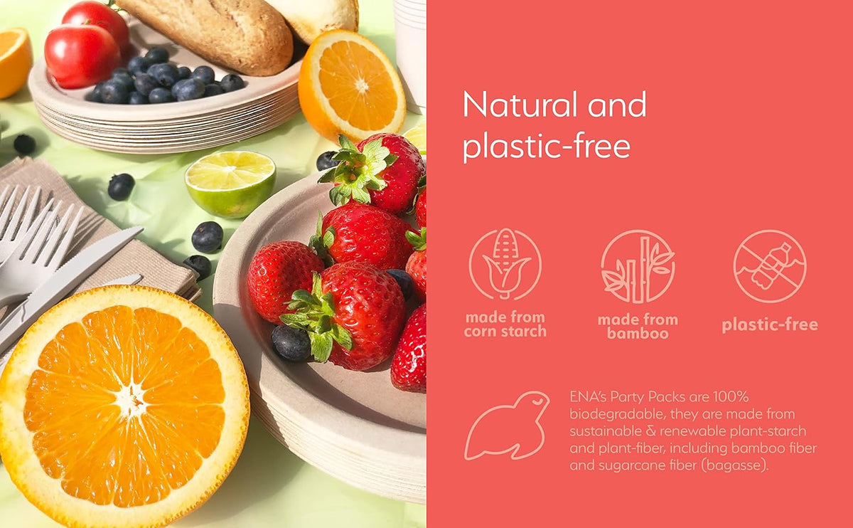 Eco-friendly Camping Supplies [16 Dinnerware Set] for Picnic Basket & Party Supplies. Compostable Paper Plates, Napkins, Biodegradable Utensils, Cups, Green Tablecloths, by Earth's Natural Alternative