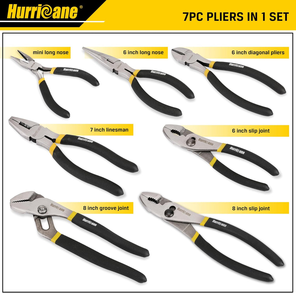 HURRICANE 7-Piece Pliers Set – 8" Water Pump, 8"/6" Slip Joint, 7" Linesman, 6" Diagonal, 6" & Mini Long Nose, Carbon Steel, Anti-Slip Double-Dipped Handle for Home, DIY, Automotive