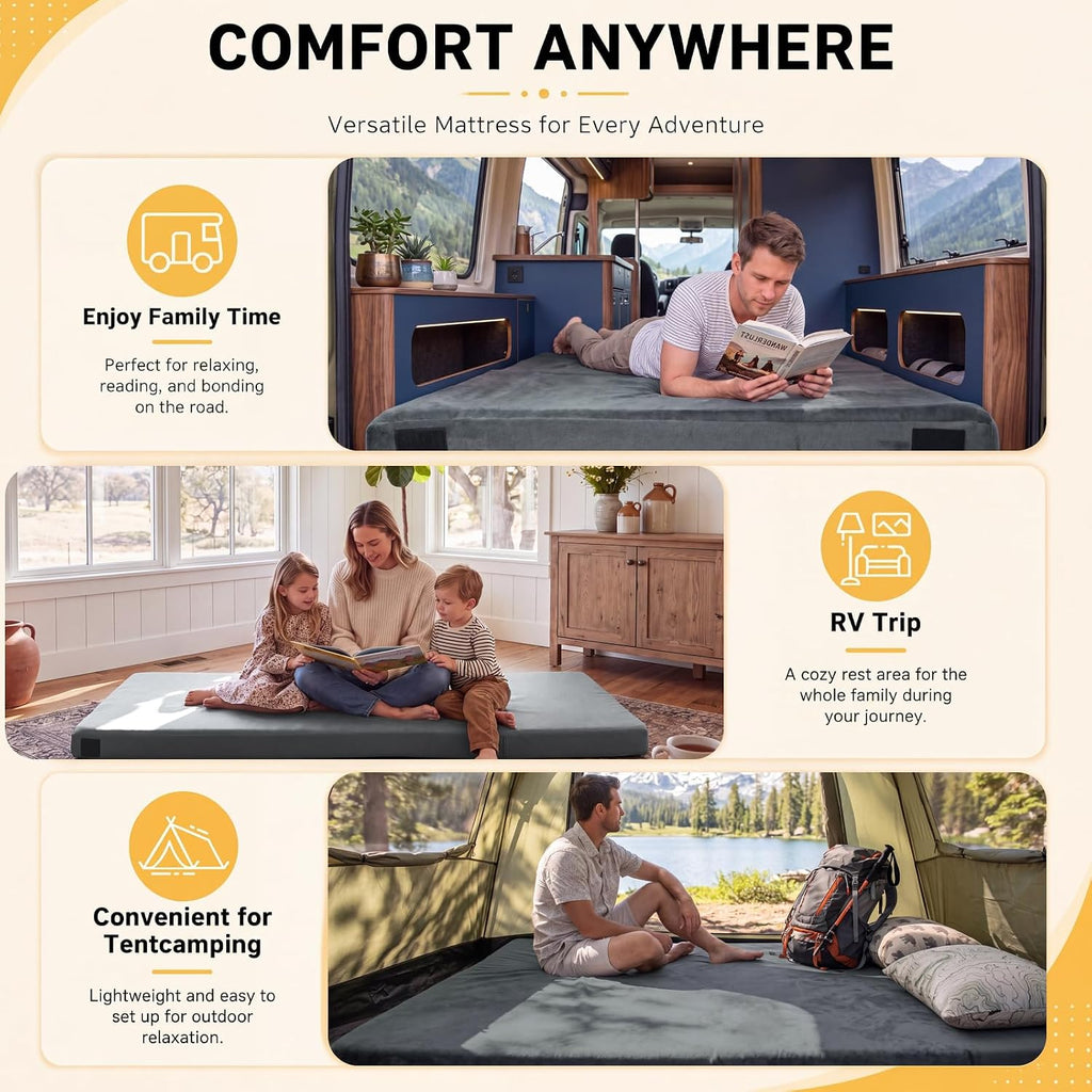 Memory Foam Camping Mattress Pad 3 inch,CertiPUR-US Sleeping Mat with Non-Slip Bottom,Portable Roll up Mattress Mats for Camping,Tent,Treavle,Car,Floor Bed,Dark Grey