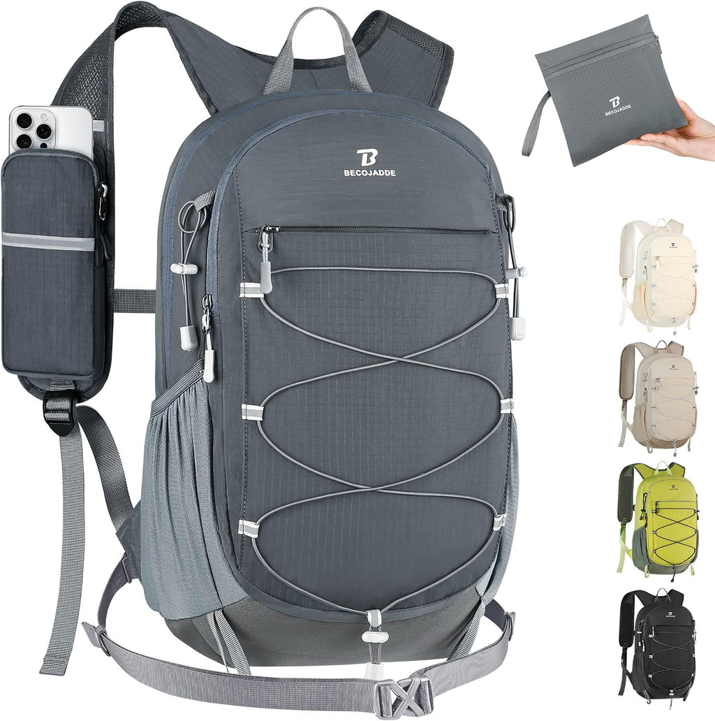 BECOJADDE Hiking Backpack 20L Small Backpack Packable Day pack Water Resistant Lightweight Travel Backpack for Women Men with Shoulder Strap Pockets for Hiking Camping Outdoor, Grey