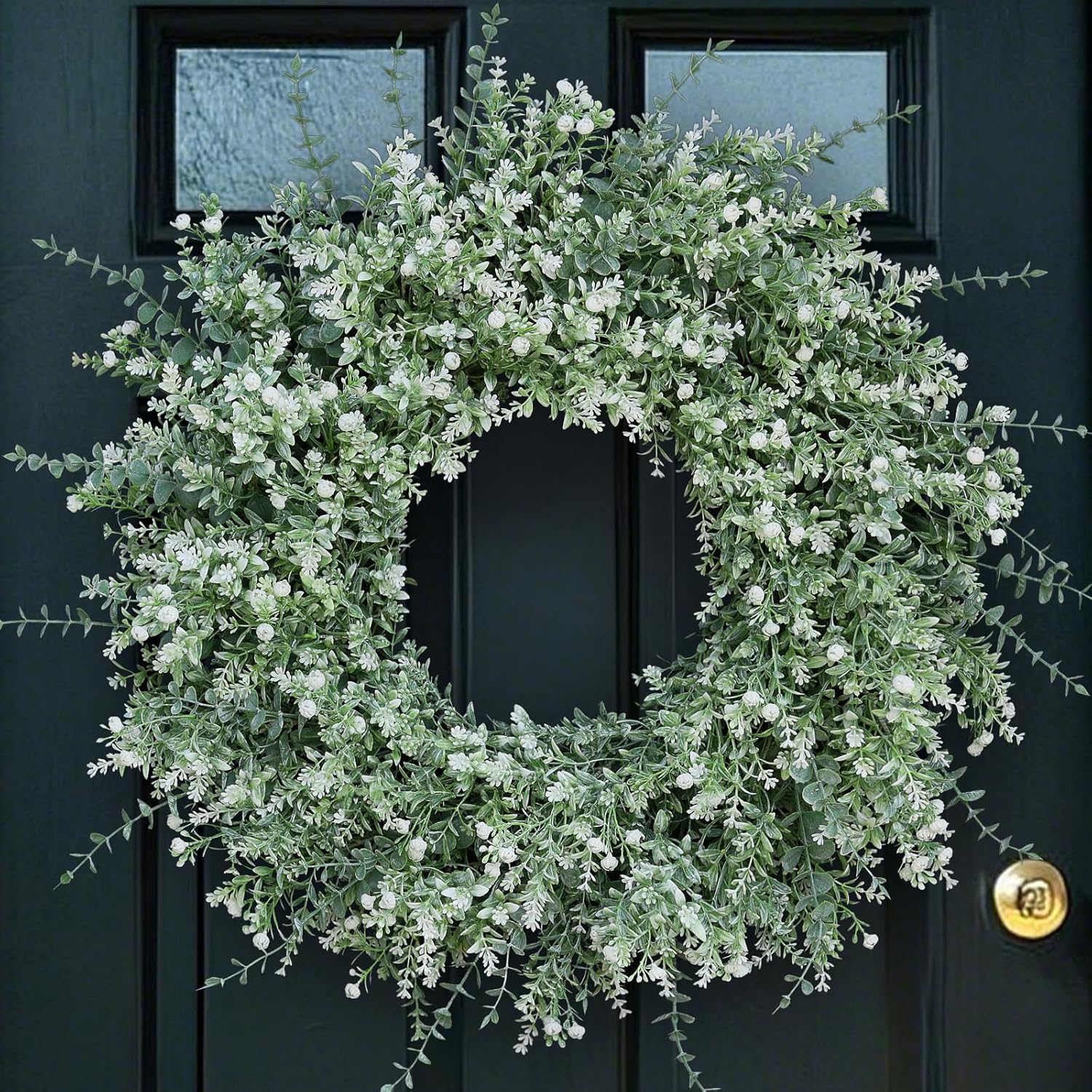 26" Large Artificial Eucalyptus Wreath for Front Door Decor (White-Green)