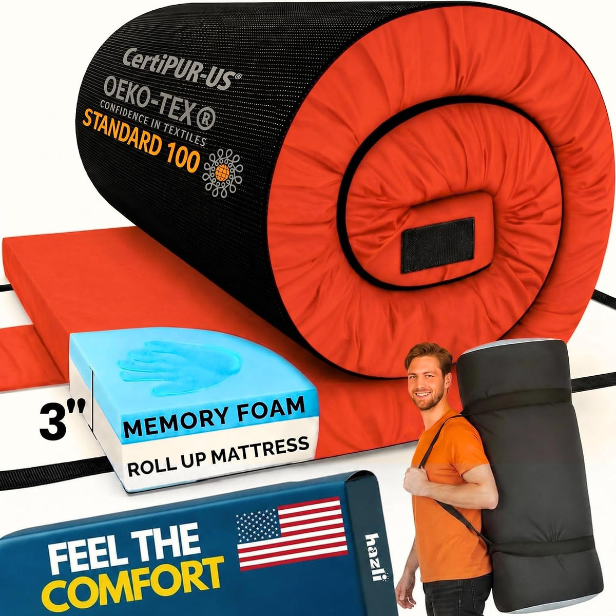 Hazli Matrix AirCell Memory Foam Camping Mattress Pad - CertiPUR-US Roll Up Mattress for Adults - Portable Foam Sleeping Mats for Camping - Camp Cot Sleeping Pad - Floor Sleep Mat Bed Roll for Car RV