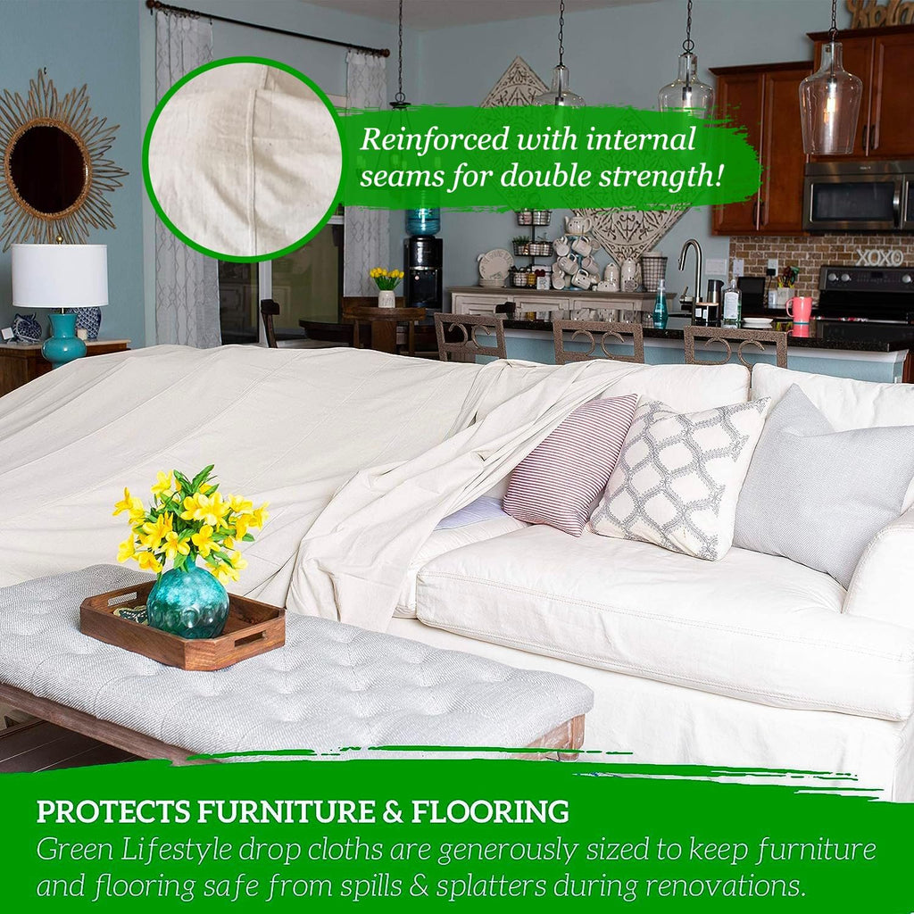 GREEN LIFESTYLE All Purpose Canvas Drop Cloths - Drop Cloth for Painting, Floor Cover, Heavy Duty Protection for Furniture & Surfaces, Reusable Painters Canvas Tarp for Renovation (9x12)