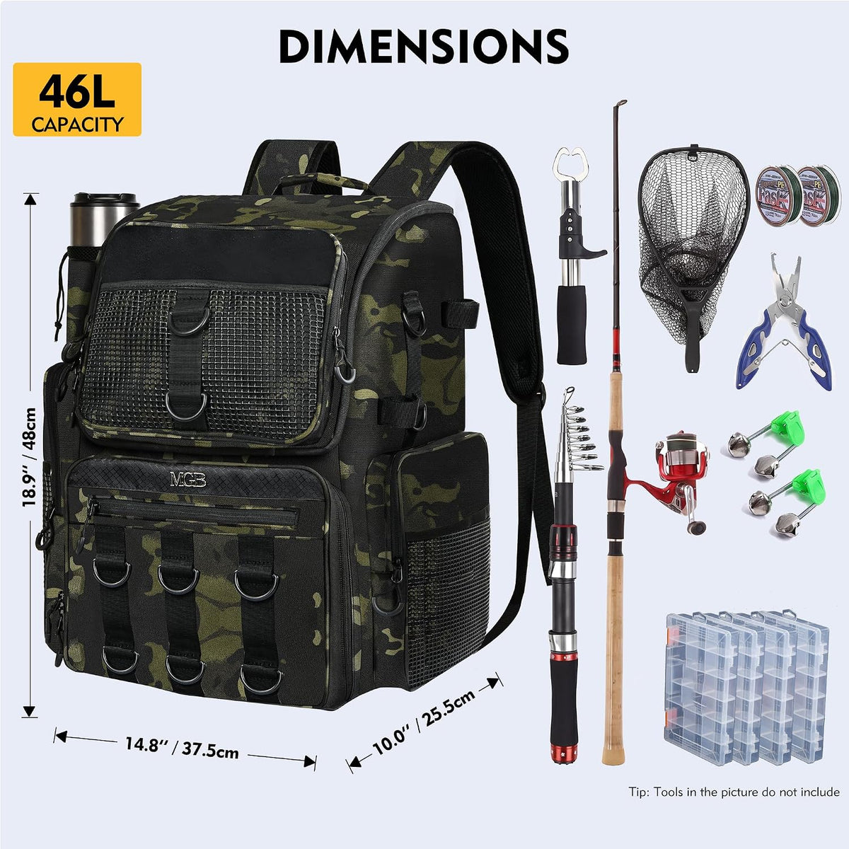 MGB Fishing Backpack, 46L Water-resistant Fishing Tackle Backpack