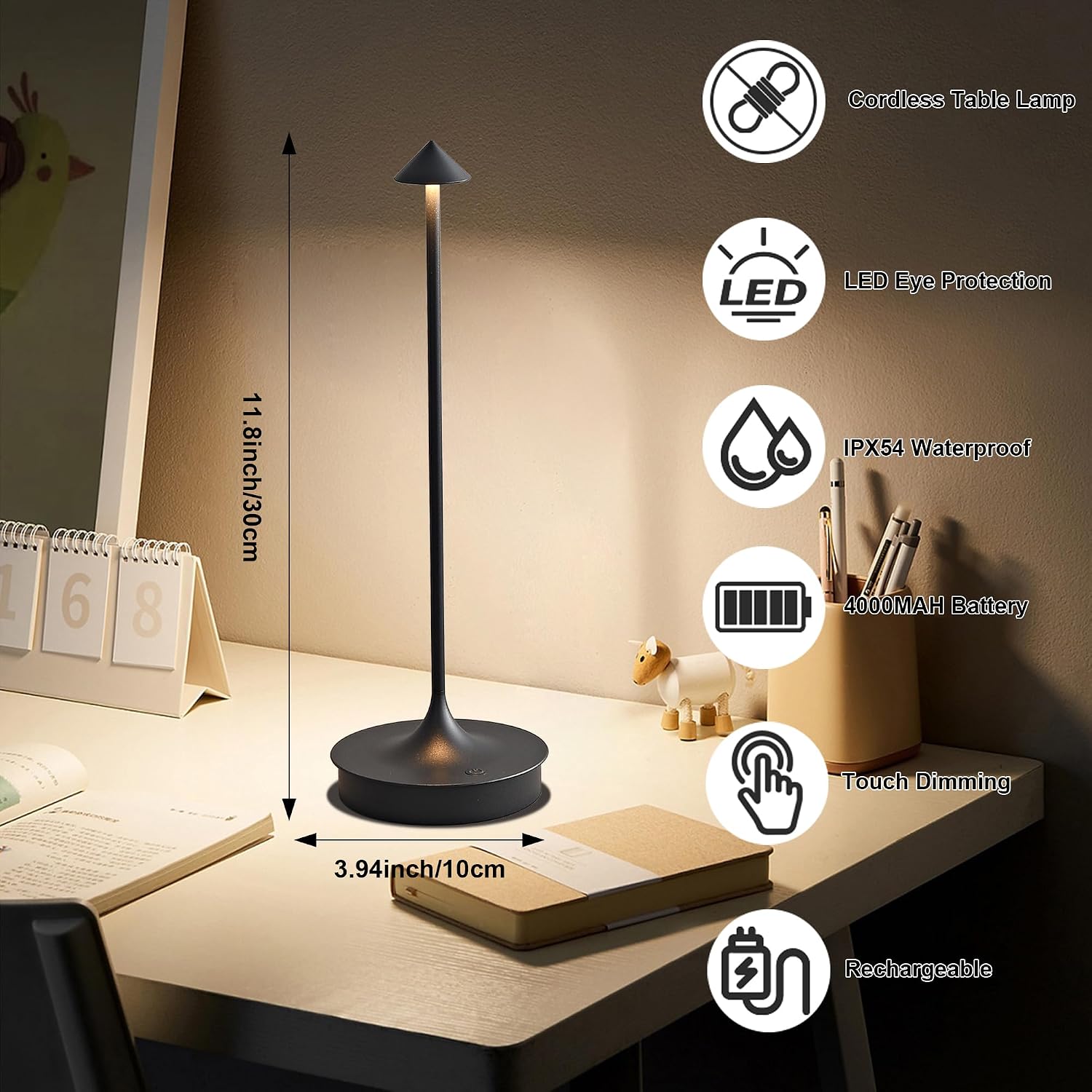 Cordless Table Lamps Rechargeable, Black 2PC