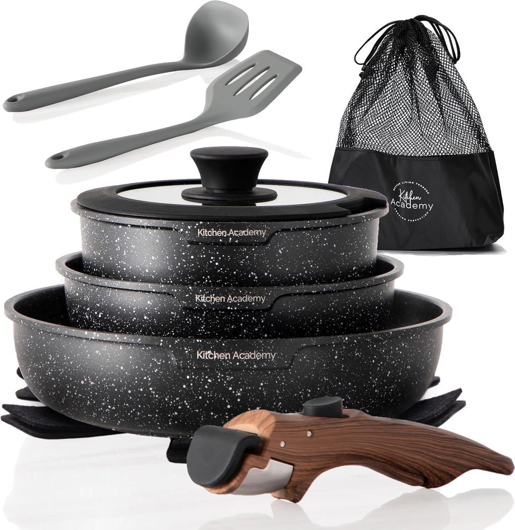 Kitchen Academy Removable Handle Pots and Pans Set - 10 Pieces Green Cookware Set with Removable Handle, RV Induction Cookware Set for Camp
