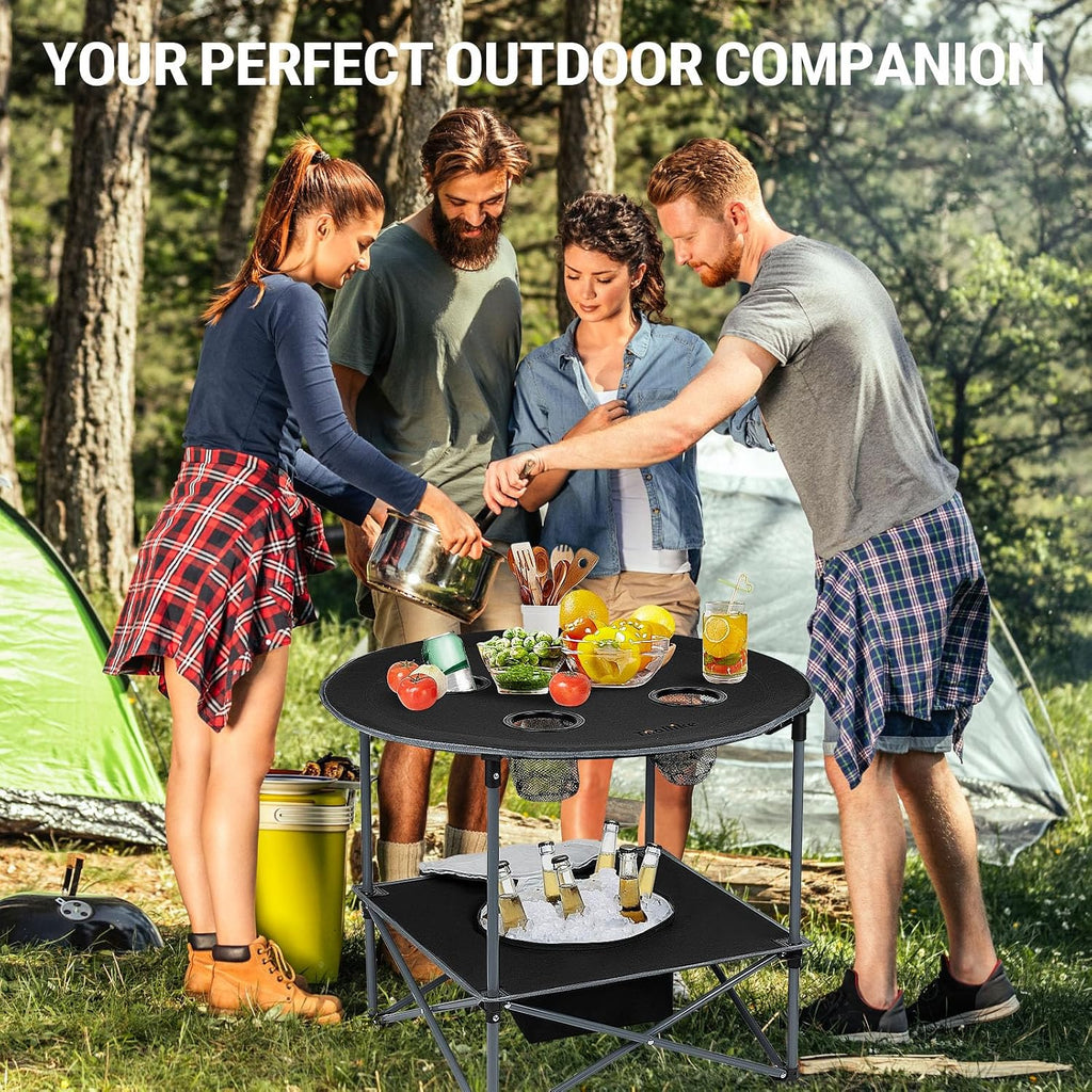 Portable Lightweight Folding Camping Table with Cooler and 4 Large Cup Holders Collapsible Picnic Camp Table Foldable Outdoor Table with Carry Bag for BBQ Tailgating Beach RV Travel Hiking