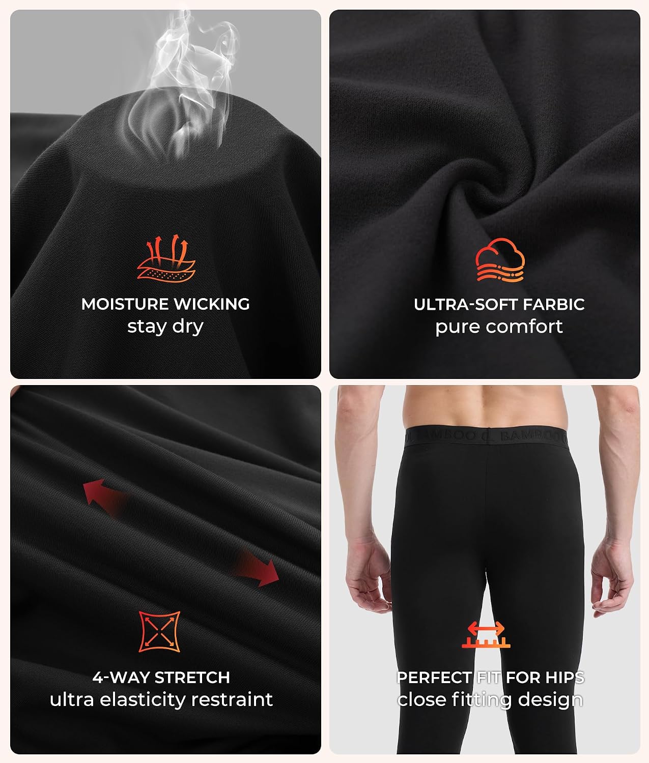 BAMBOO COOL Men's Thermal Underwear Lightweight Fleece Lined