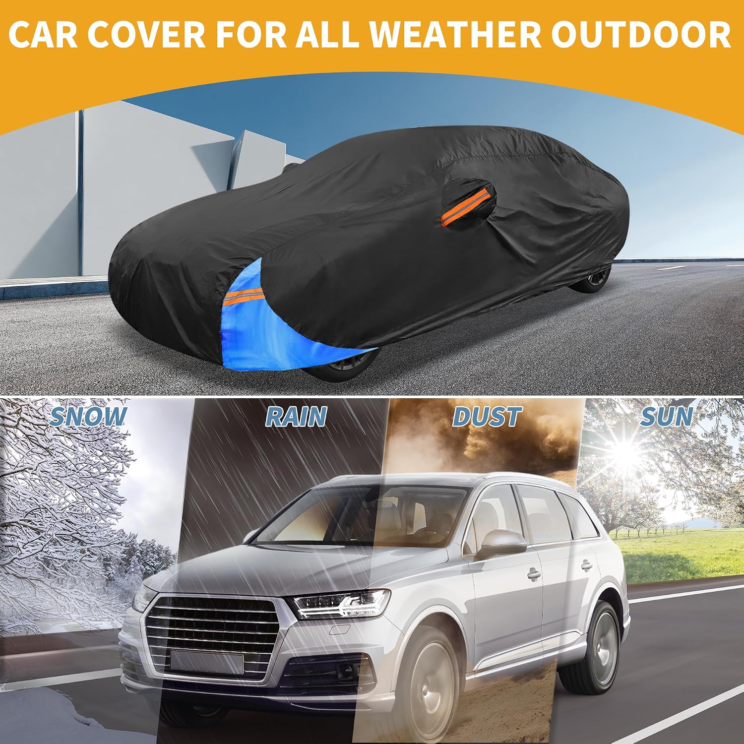 Waterproof All-Weather Universal Car Cover with Right Side Zipper, 210D-PU Black Blue Fits for Sedan 185" to 192" Length