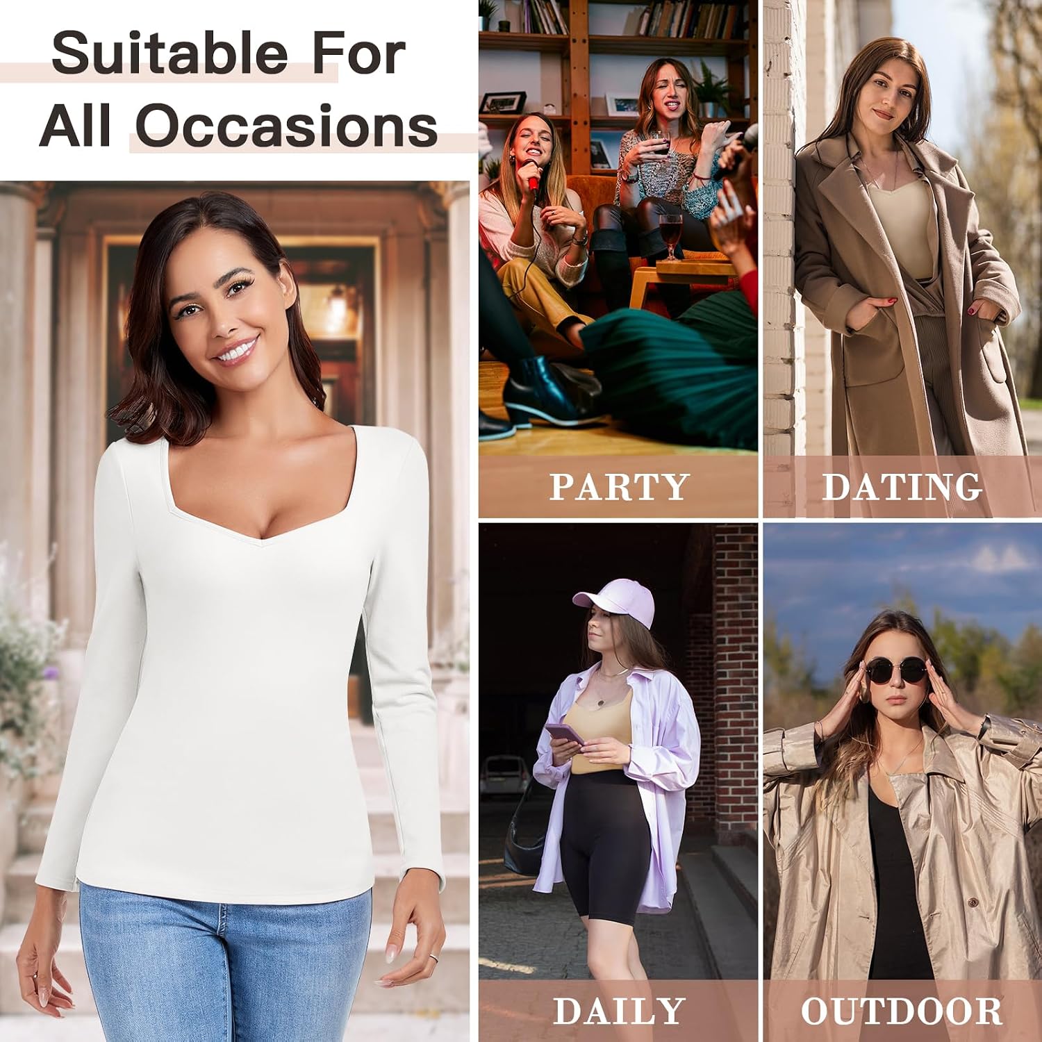 WOWENY Thermal Shirts for Women V Neck Fleece Lined Base Layer