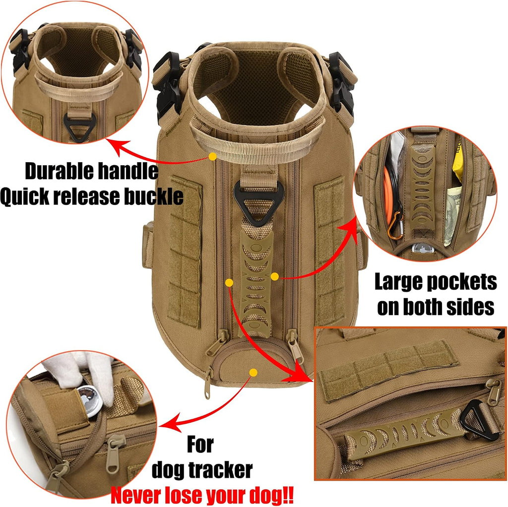 Tactical Dog Backpack Harness for Large Breed Original Design Metal Buckle Vest with Side Bags Pouches for Service Working Training (Khaki (with 2 Pouches), L)