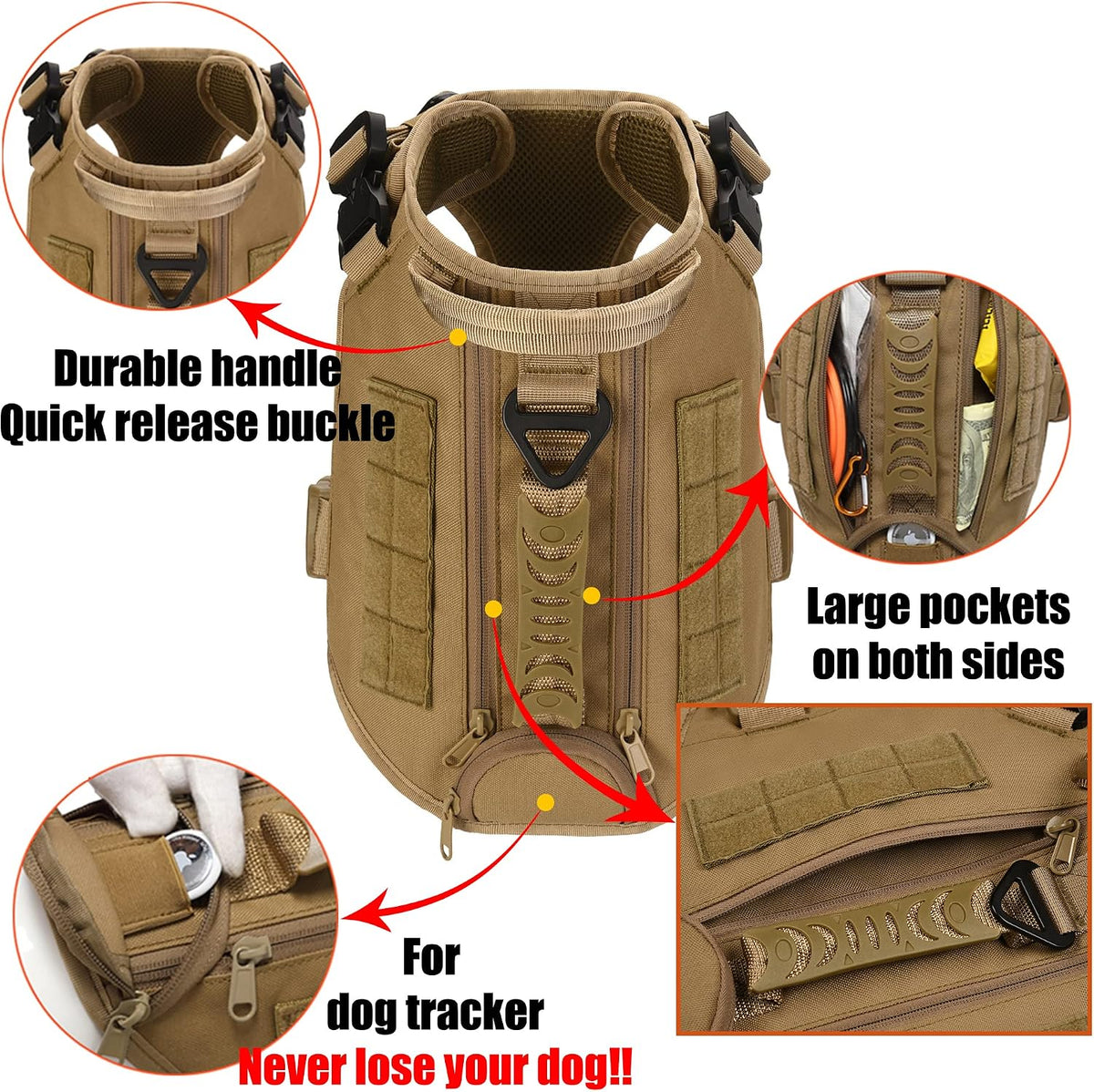 Tactical Dog Backpack Harness for Large Breed Original Design Metal Buckle Vest with Side Bags Pouches for Service Working Training (Khaki (with 2 Pouches), L)