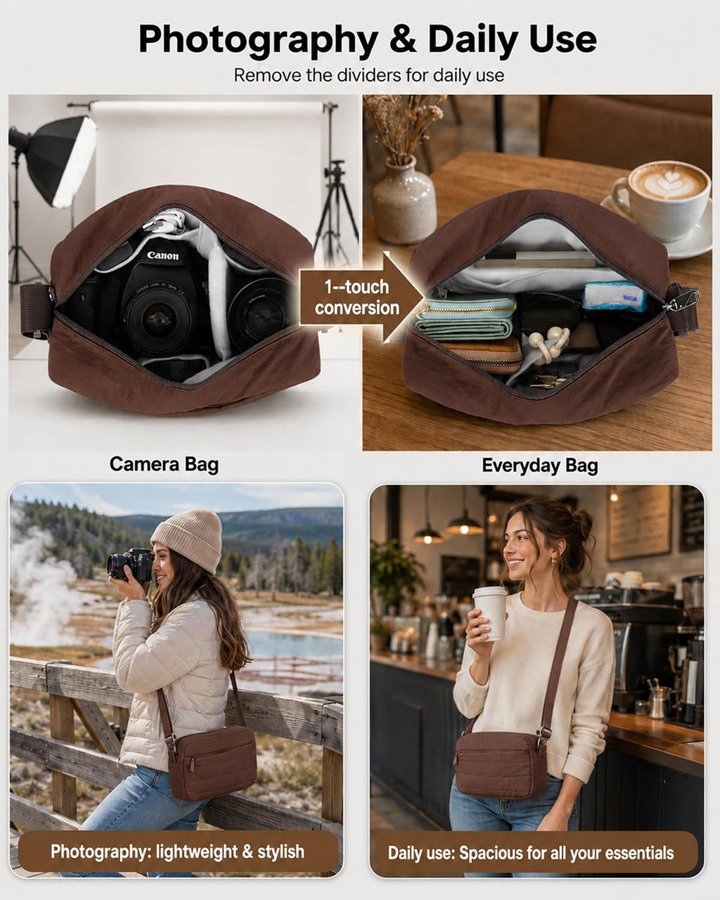 FHELAD Small Crossbody Bag for Women, Compact Puffer Camera Bag With Padded and Theft Zipper for Photographer, Travel (Coffee)