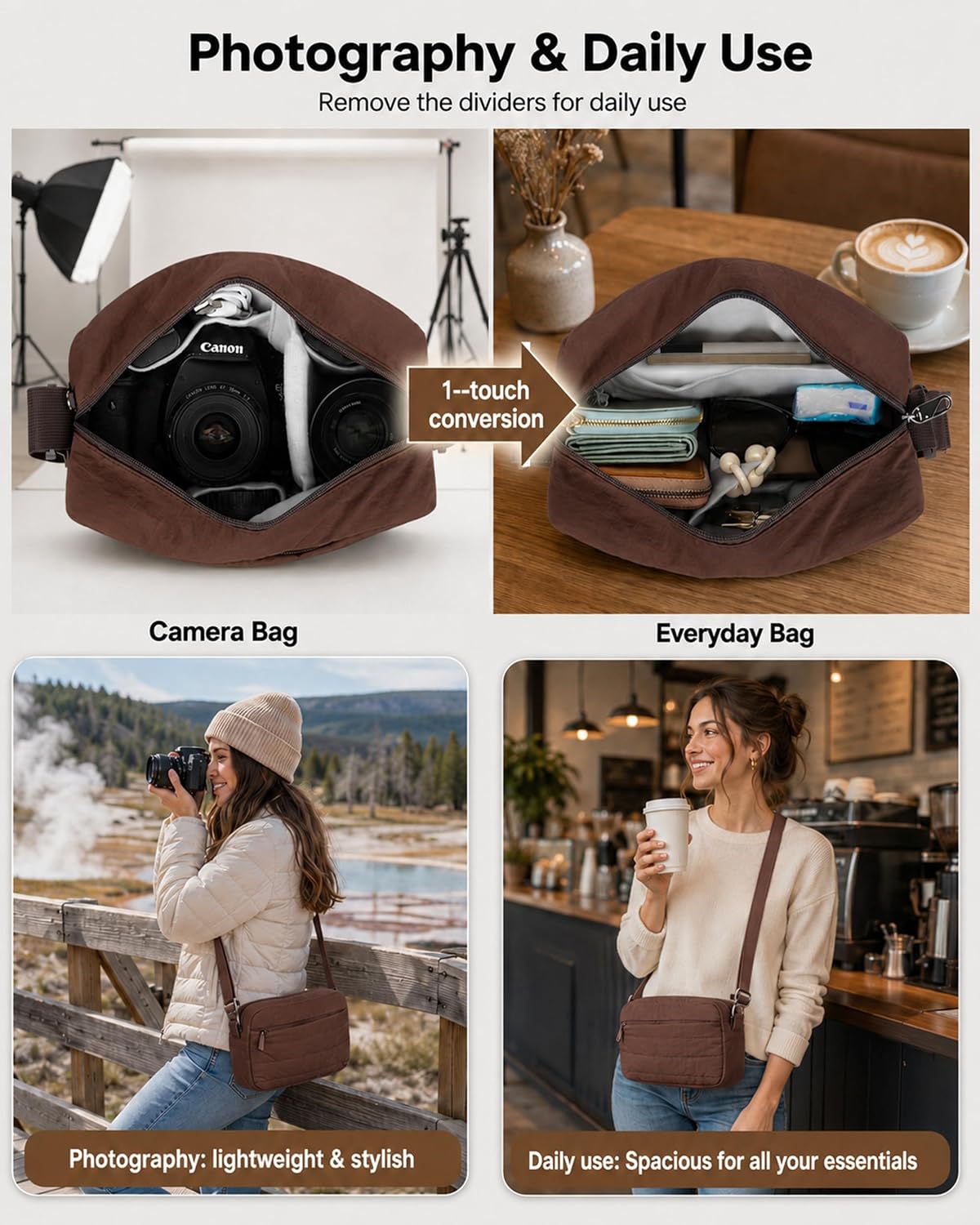 FHELAD Small Crossbody Bag for Women, Compact Puffer Camera Bag With Padded and Theft Zipper for Photographer, Travel (Coffee)