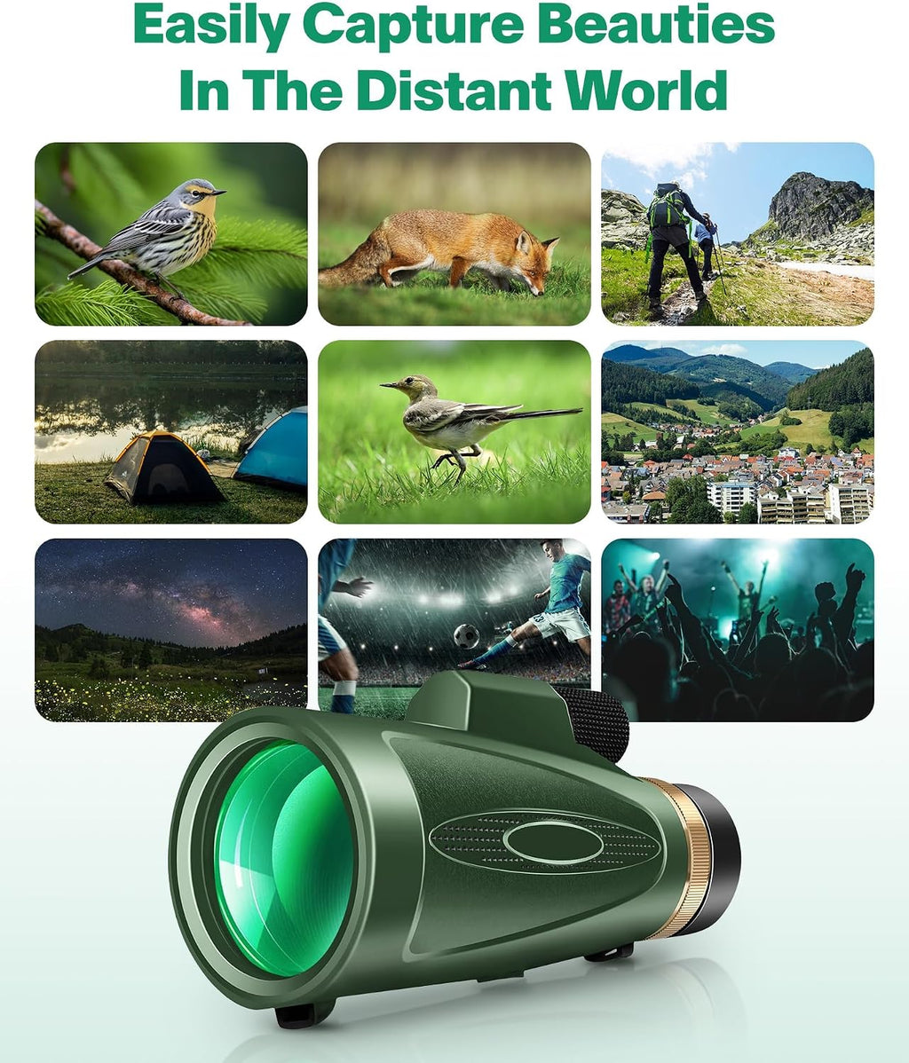 Monocular Telescope 12X60 HD High Power with Smartphone Adapter Tripod Larger Vision Monoculars for Adults with BAK4 Prism & FMC Lens Suitable for Bird Watching Hiking Camping Wildlife-Green