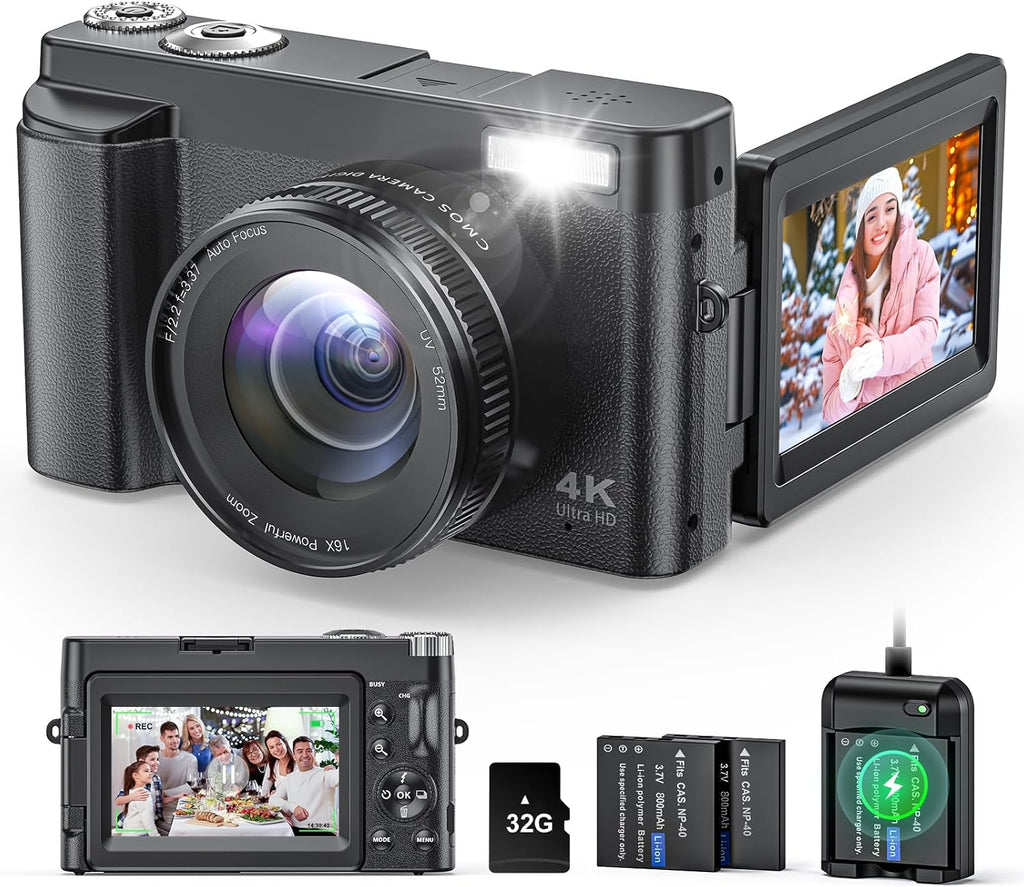 4K Digital Camera for Beginners & Teens, with Flip Screen, 32G Card(Black)
