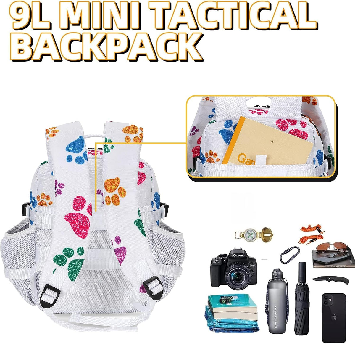9L Mini Tactical Backpack for Men and Women, Tactical Backpack Small for Hiking, Small Tactical Bag (Colorful Cat's Paw)