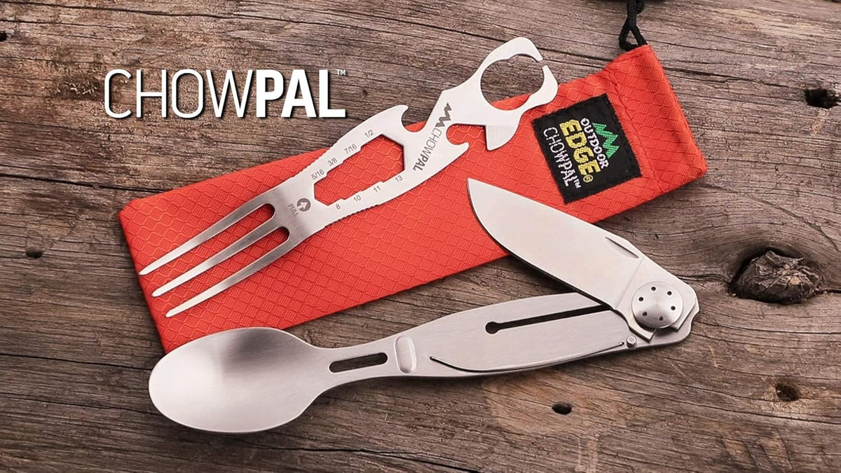 Outdoor Edge ChowPal - Mealtime Multitool with Folding Knife, Fork, Spoon, Bottle Opener, Can Opener, Graduated Wrench, and Screwdriver - 100% Stainless Steel Construction with Nylon Storage Pouch