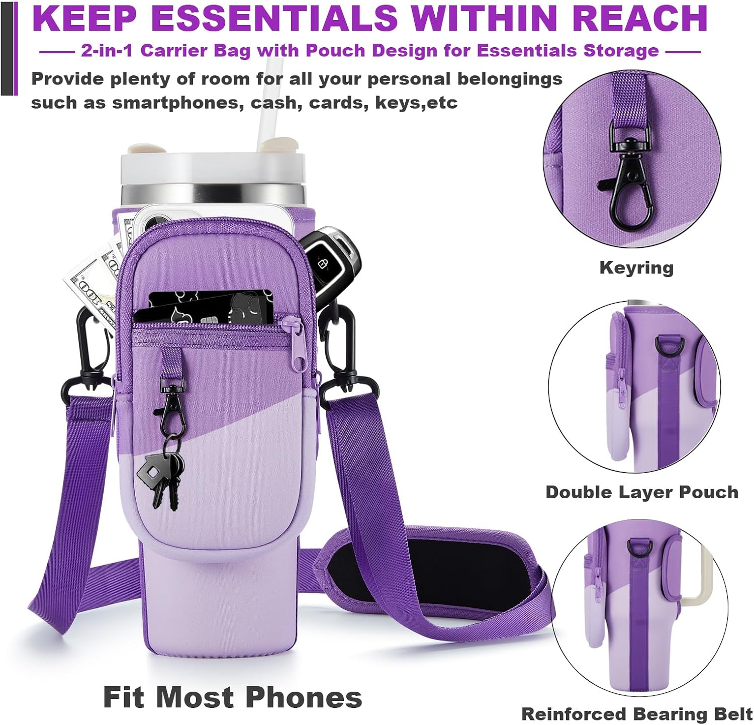 BULKITEM Water Bottle Carrier Bag with Phone Pocket for Stanley 40 & 30 oz Tumbler with Handle,Pink Insulated Neoprene Cup Holder Pouch w/Adjustable Strap for Quencher H2.0 Stanley Cup Accessories