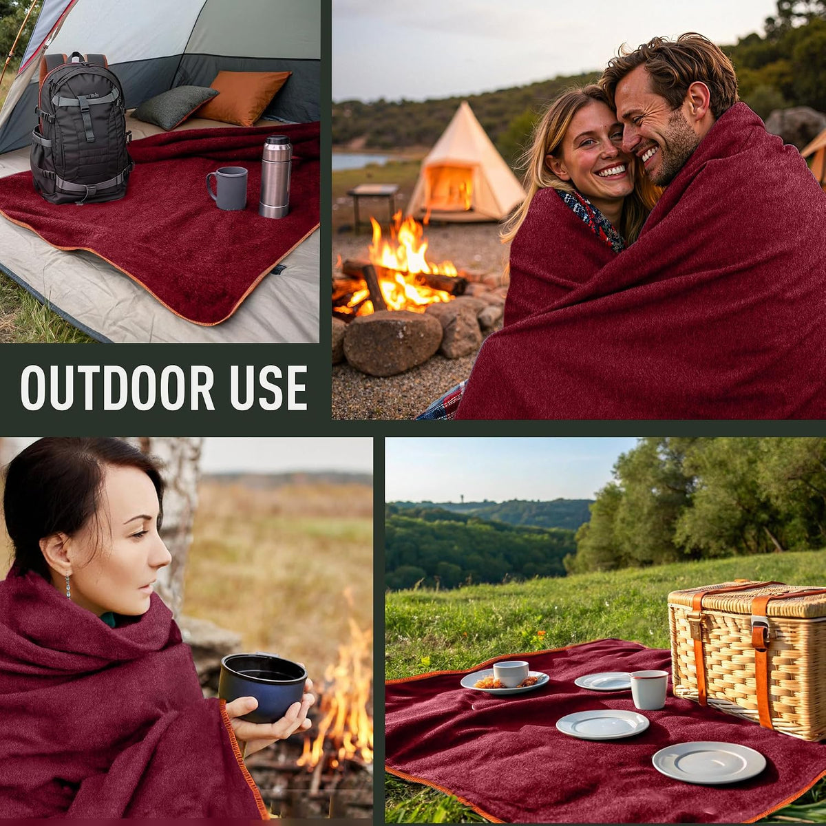 Large Military Wool Blanket - Warm & Thick Emergency Survival Blanket Great for Camping, Outdoors, Sports Events, Picnics, 4.5 lbs, 64" x 88" (Maroon)