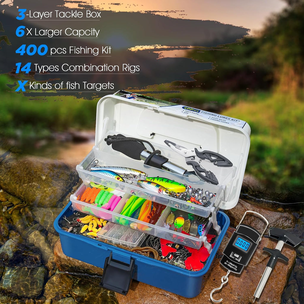 THKFISH 400PCS Fishing Lures Accessories Kit with Large 3-Layer Tackle Box Complete Freshwater Bass Fishing Gear Tools Set with Pliers, Fish Scale, Crankbait, Hooks, Weights Gift for Men