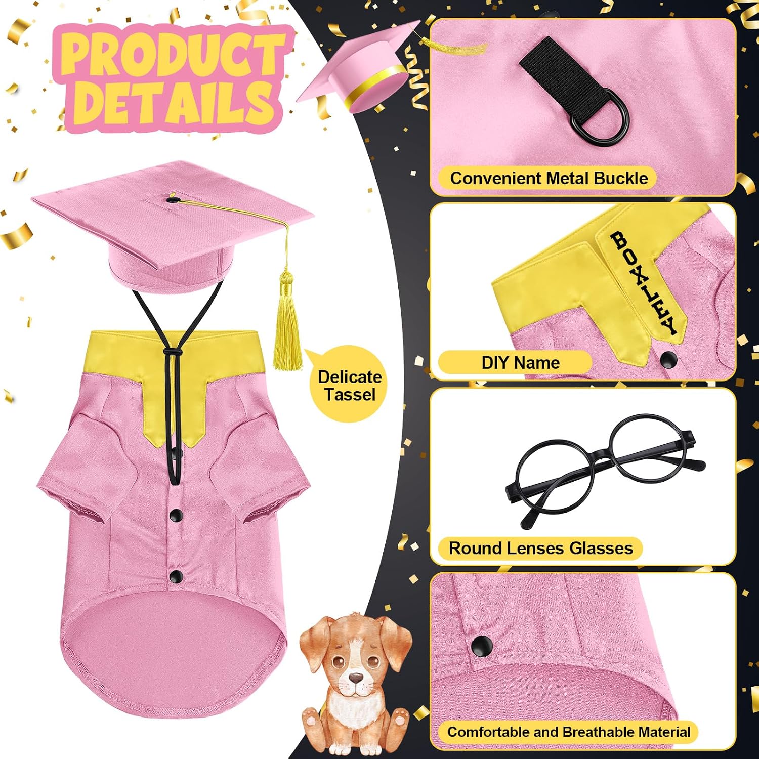Huhumy 5 Pcs Dog Graduation Costume Set Include 2026 Pet Graduation Gown with Stole Puppy Grad Cap Lensless Glasses DIY Letter Stickers for Dogs Cats Holiday Costume Accessory(Pink Yellow,S)
