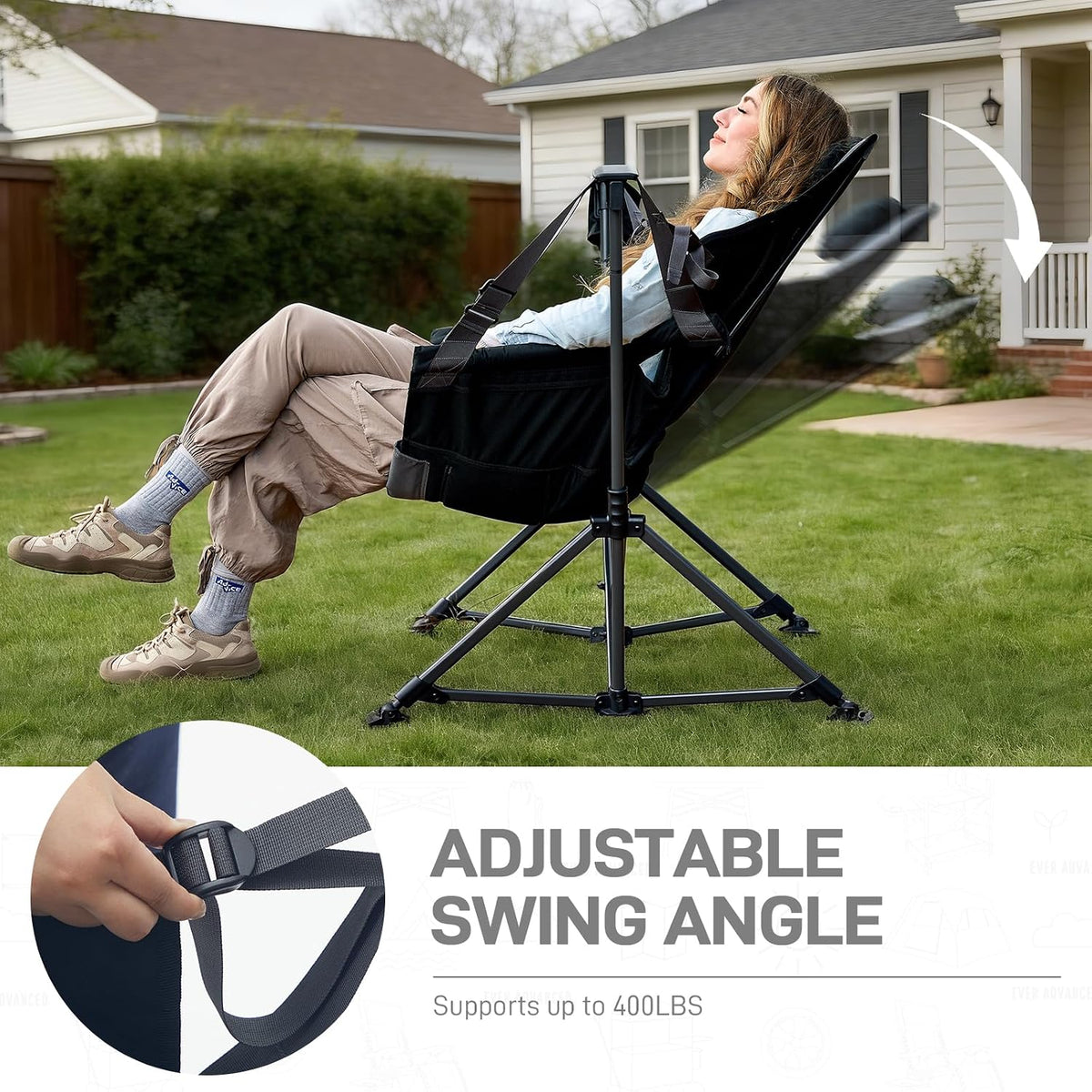 EVER ADVANCED Padded Oversized Hammock Camping Chair, Compact Heavy Duty Swing Chair with Multi-Storage Pockets, Portable Folding Rocking Camping Chair, Support Up to 400lbs, Black