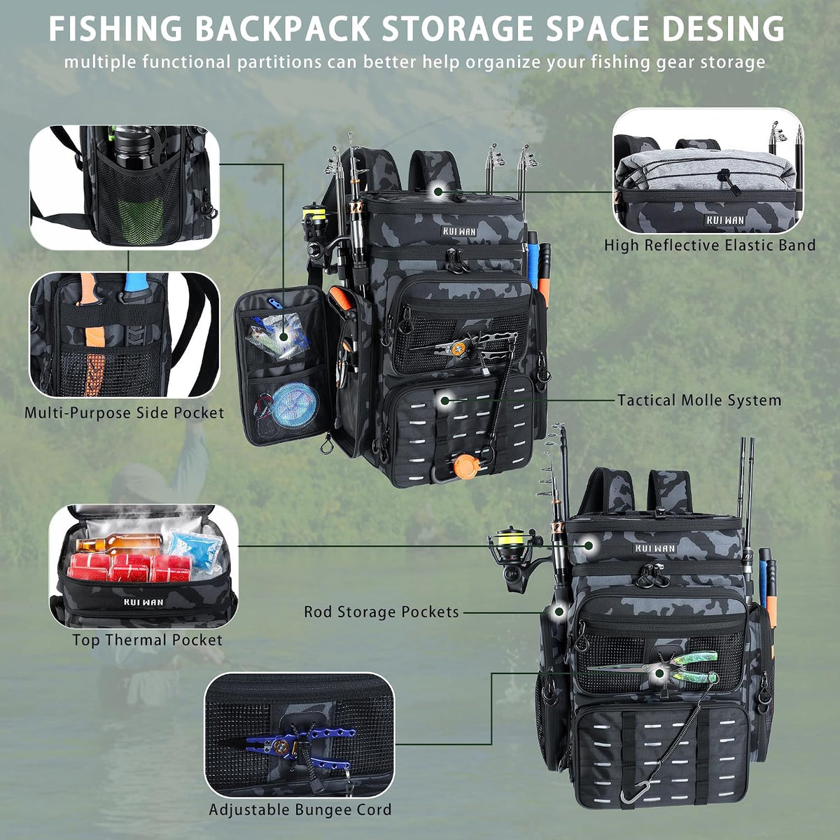Fishing Backpack with Cooler & 4 Rod Holder, Large 45L Tackle Bag Store Fishing Gear Boxes Gifts for Men Woman-Camo Back Pack