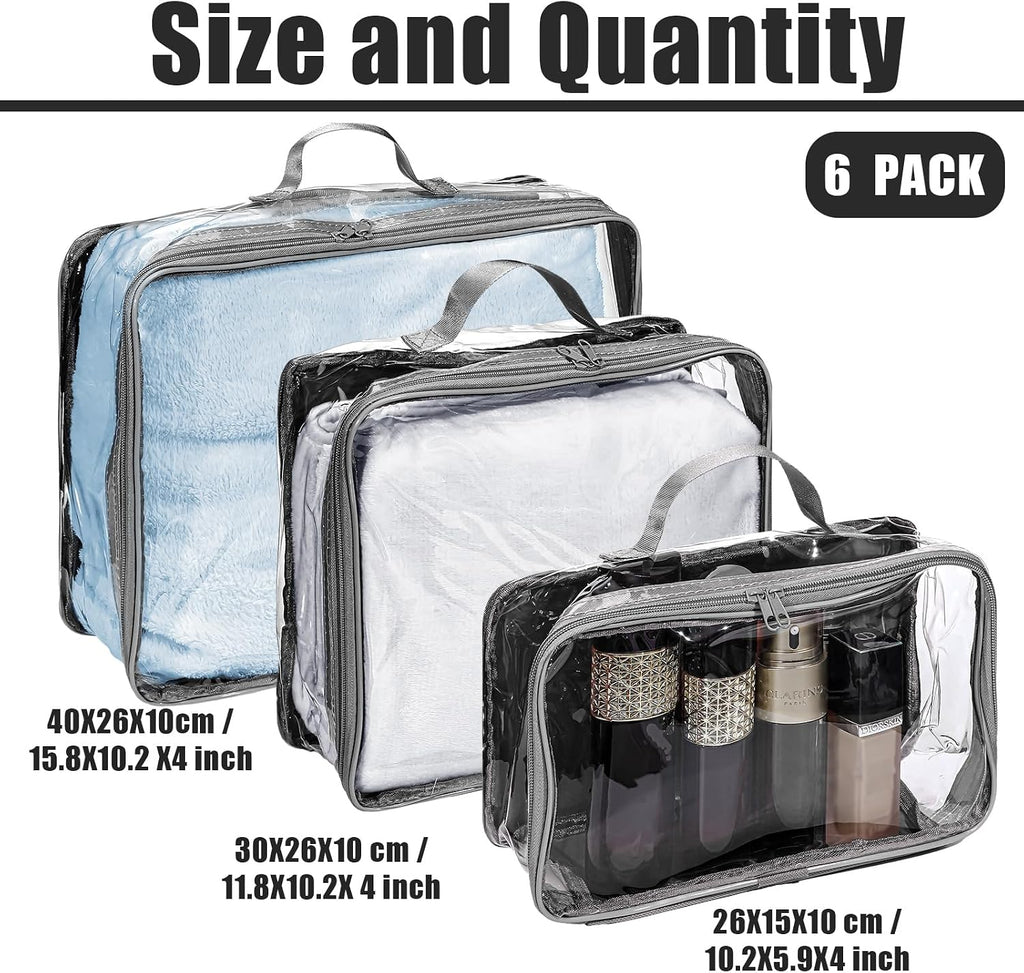 Hillban 6 Pcs Large Clear Packing Cubes for Travel, 3 Sizes PVC Bags, Gray