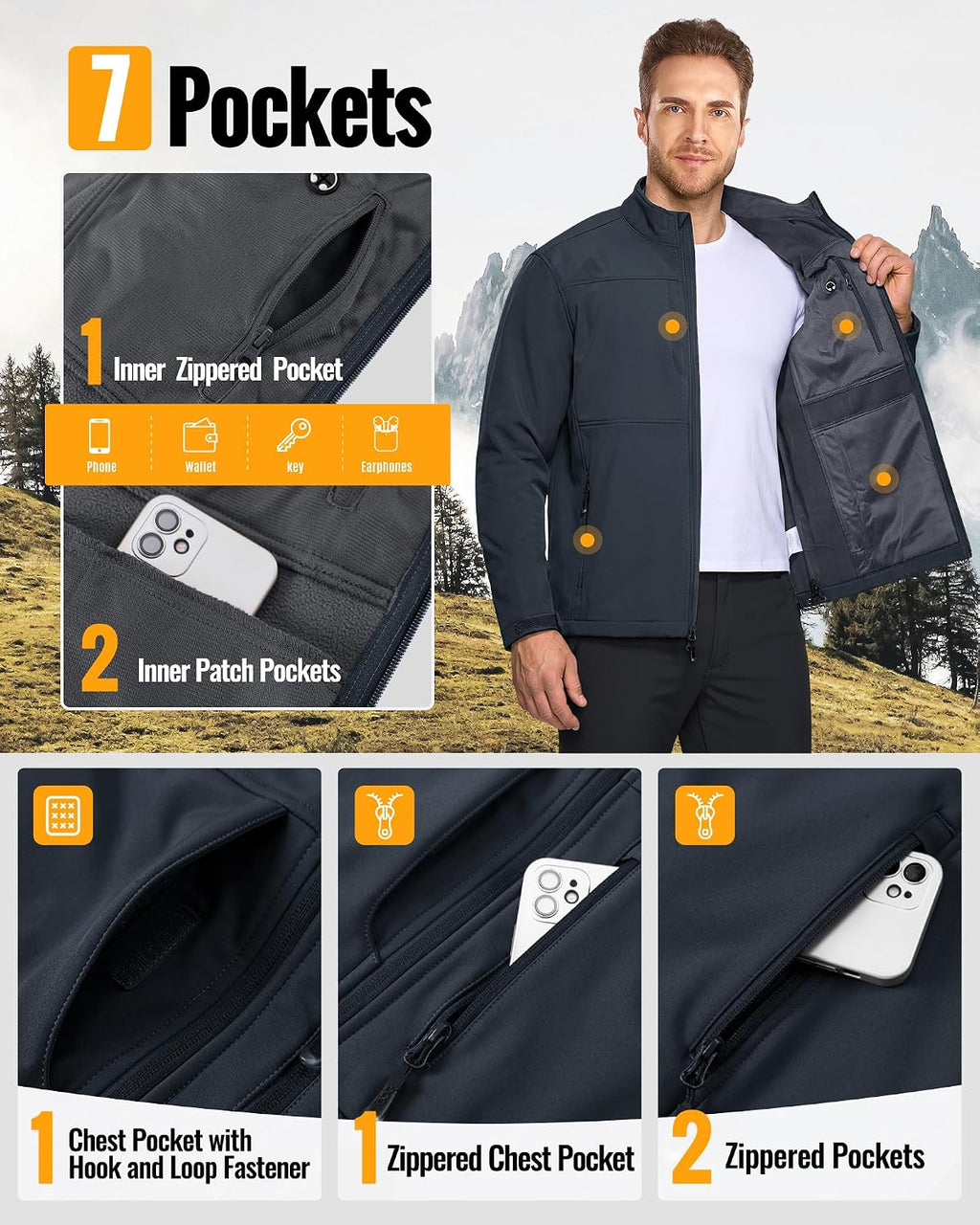 33,000ft Men's Lightweight Softshell Jacket Fleece Waterproof Windbreaker