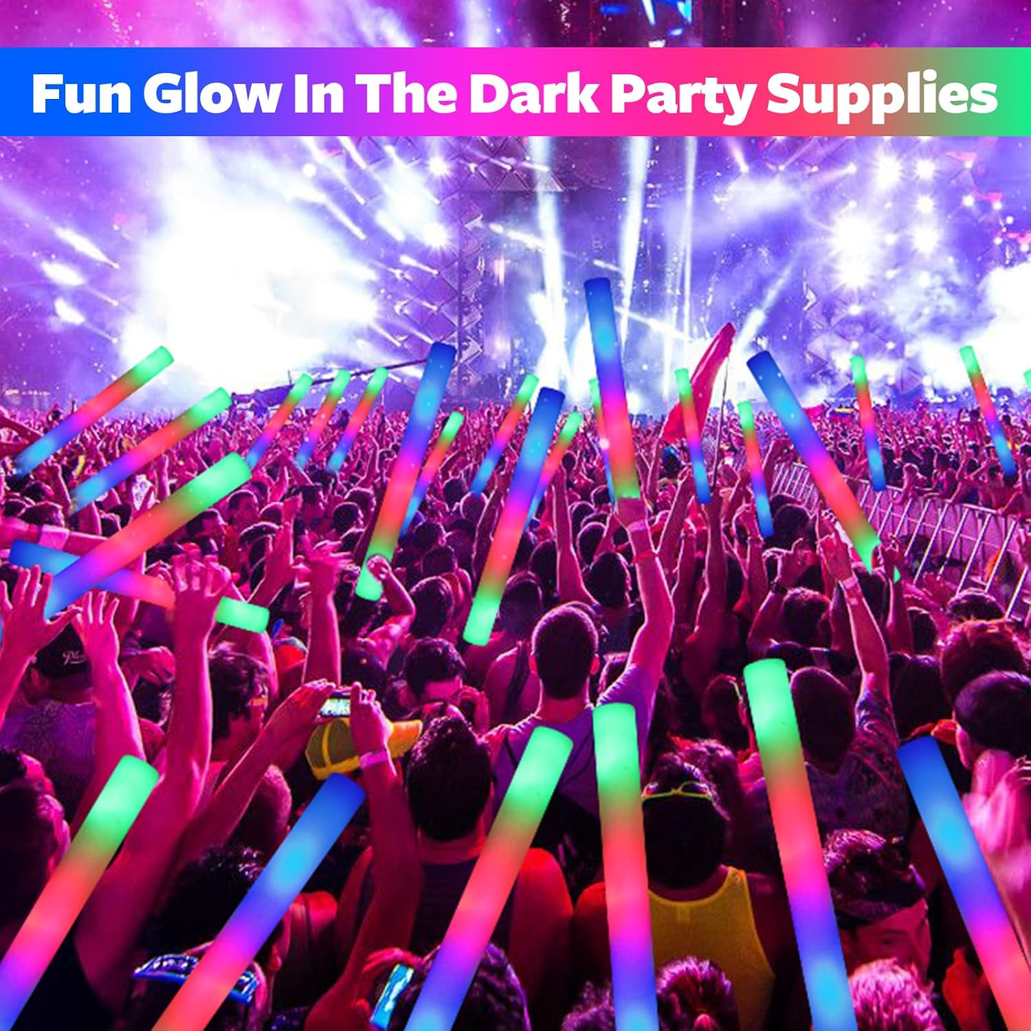 wellent 107 PCS LED Foam Glow Sticks Bulk, Glow in the Dark Party Supplies with 3 Modes Colorful Flashing, Neon Party Favors for Birthday, Wedding, Carnival, Concert, New Year