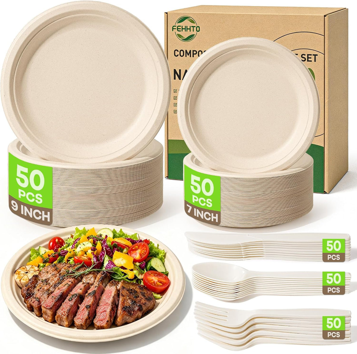 Compostable Paper Plates Set, 250PCS Disposable Heavy-Duty Sugarcane Plate