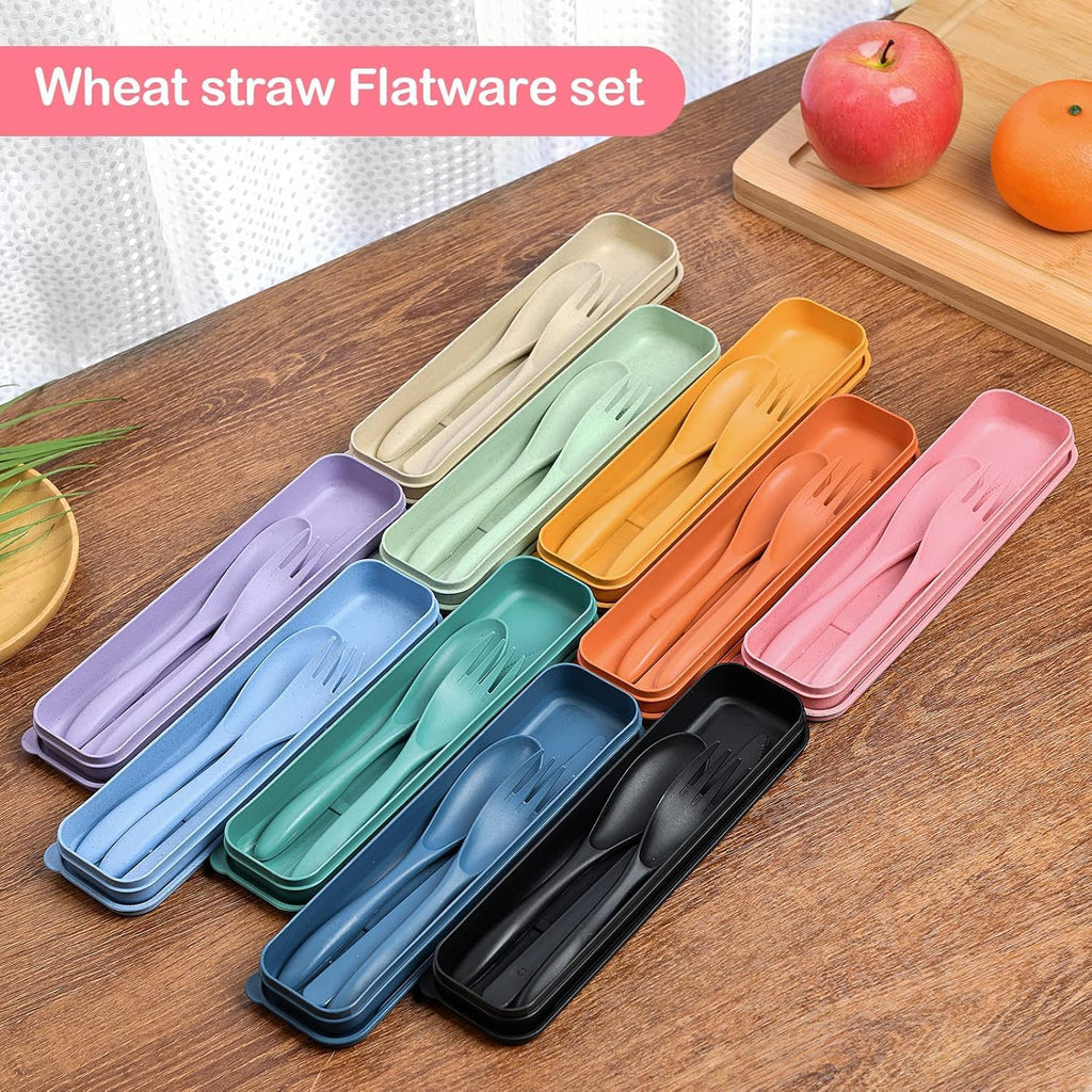 YDYTOP Reusable Travel Utensils Set with Case, 24 Sets Wheat Straw Knife Fork Spoon Cutlery, Multicolor Plastic Silverware for Kids and Adults, School Lunch, Party, Picnic and Camping