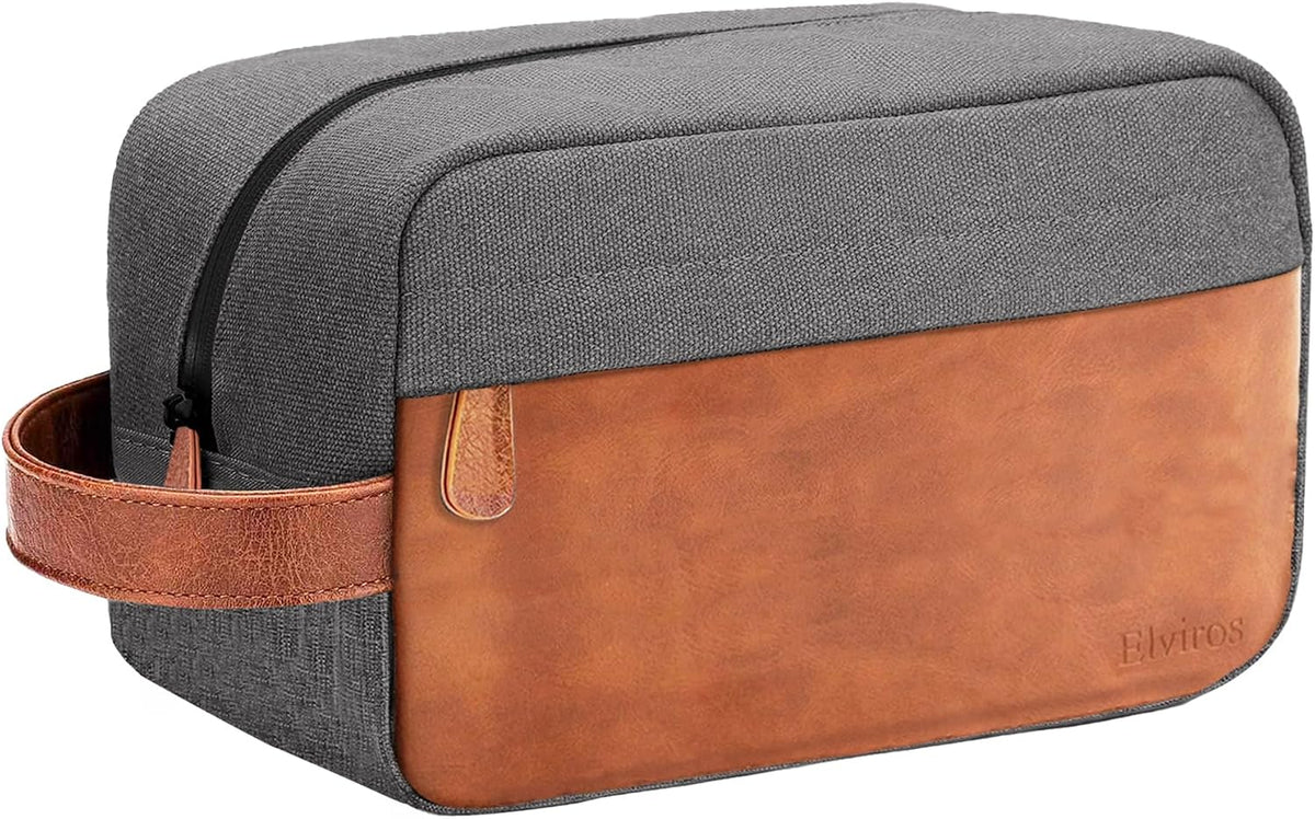Elviros Men's Hanging Toiletry Bag, Water-Repellent PU Leather, Grey