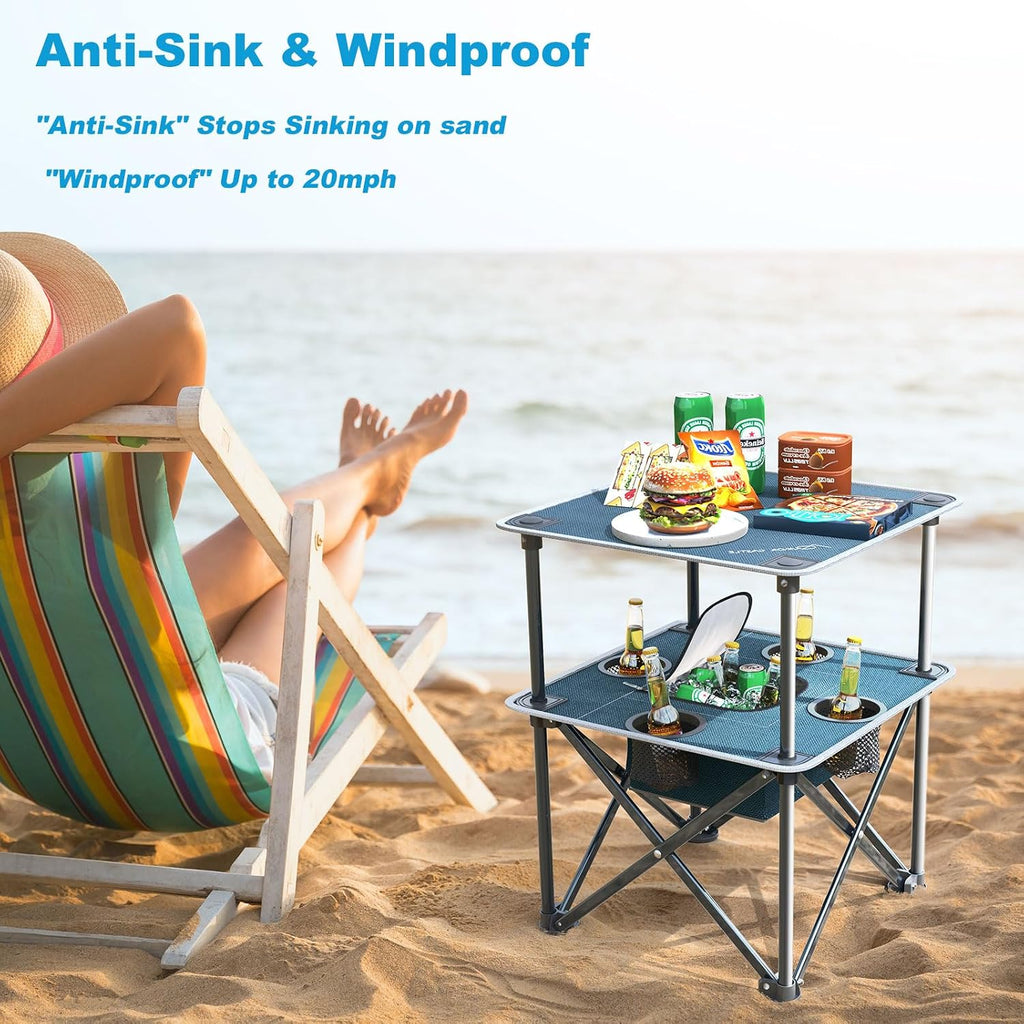Folding Beach Table, Camping Table for Sand with Insulated Cooler Storage & 4 Cup Holders, Portable Pop Up Picnic Table, Lightweight Side Table for Outdoor