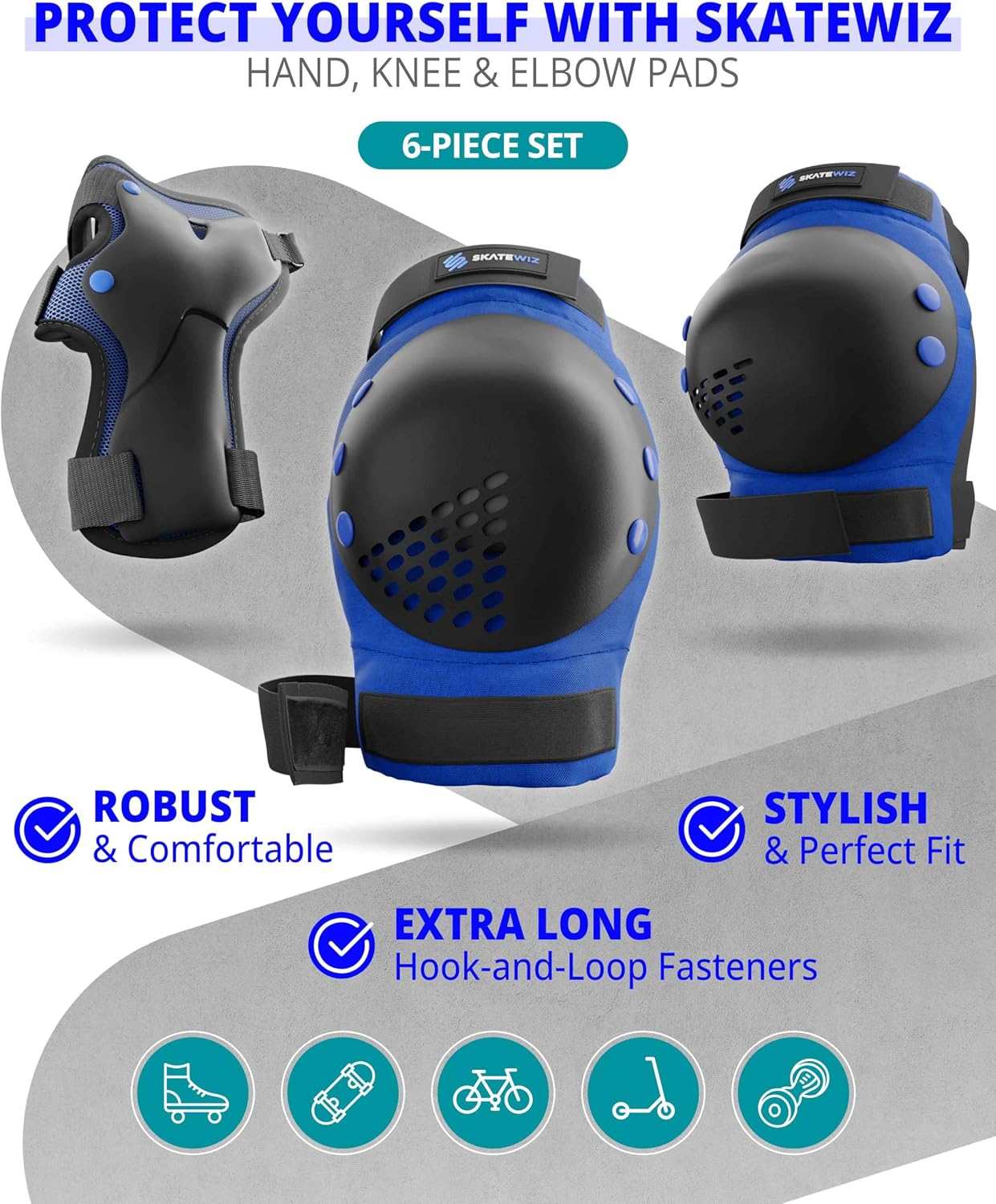 SKATEWIZ Skateboard Pads Protective Gear Set for Kids and Adults - Smash - Roller Skate Pads [6pc] with Wrist Guards - Skating Protective Gear - Roller Derby
