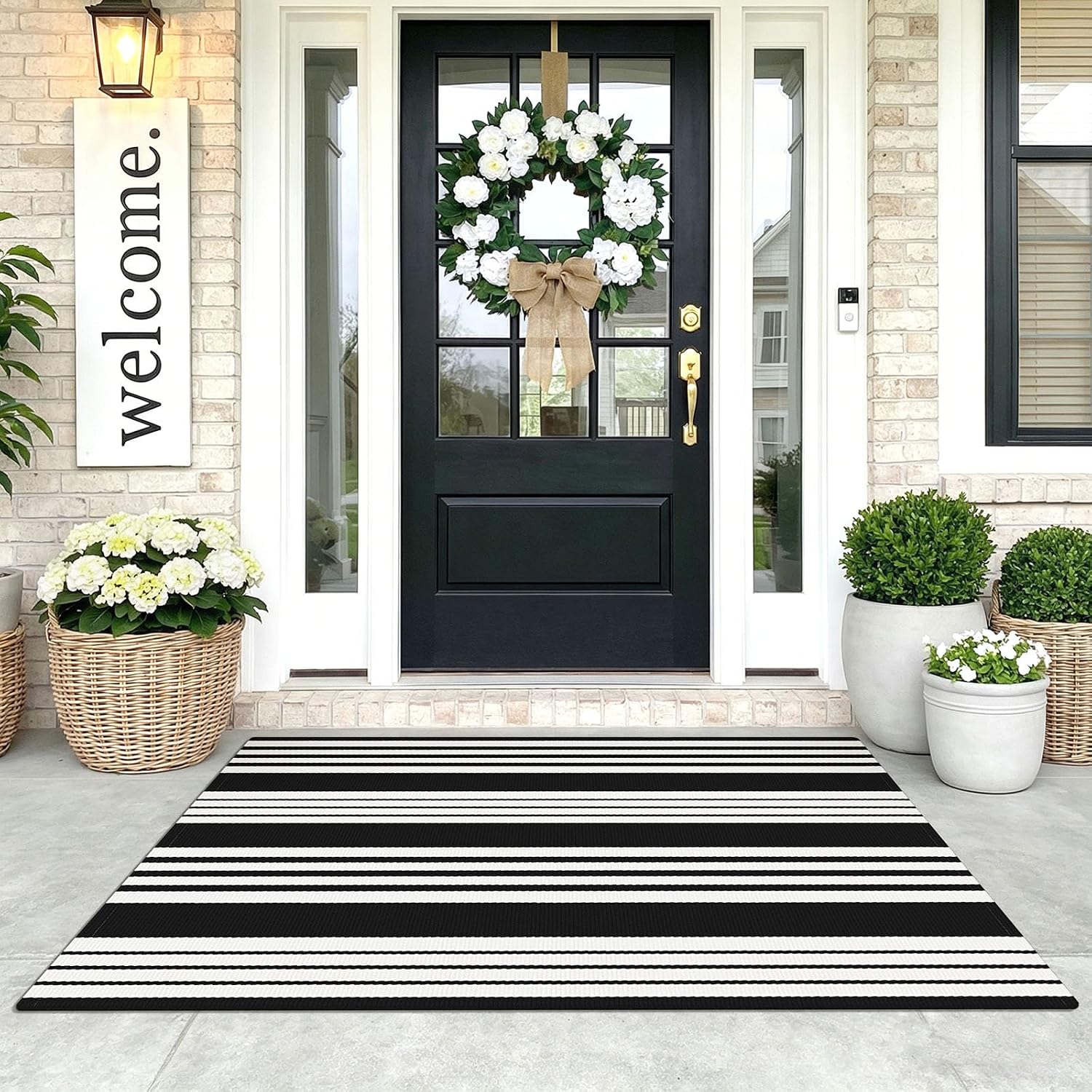 KOZYFLY 3'x5' Striped Area Rug, Black and White Woven Cotton Outdoor Rug