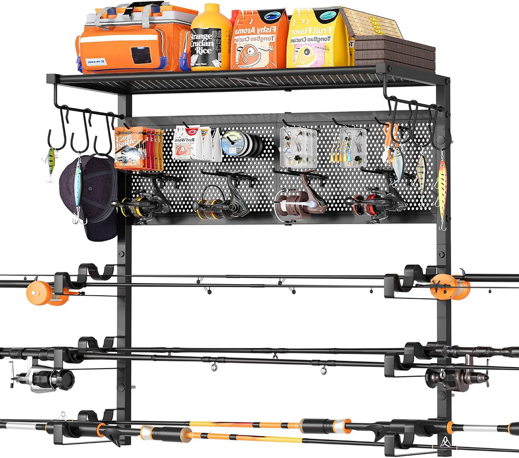 Olakee Wall Mount Fishing Rod Holder for Garage, Holds 6 Pole Rack